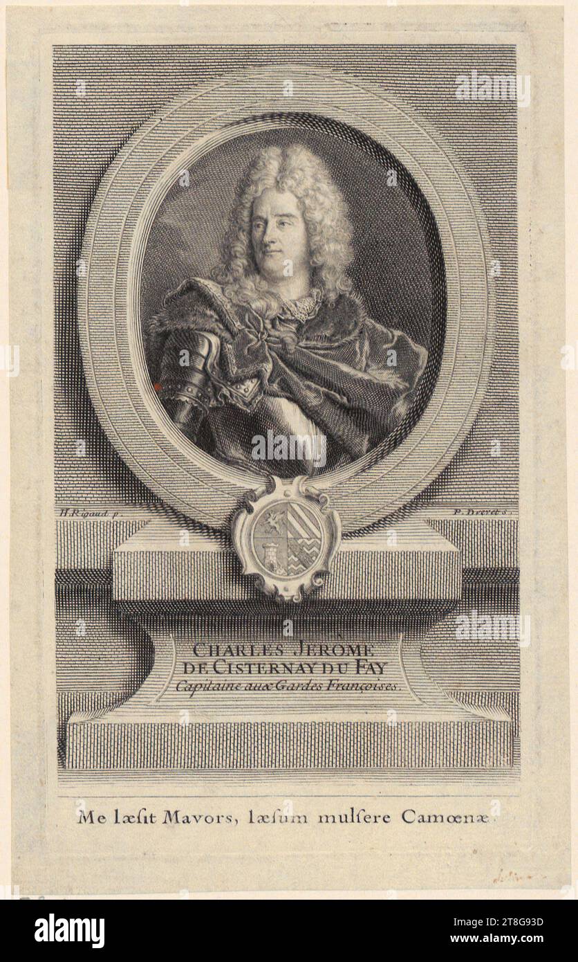 Pierre-Imbert Drevet (1697 - 1739)Hyacinthe Rigaud (1659 - 1743), dopo, ritratto di Charles-Jérôme de Cisternay du Fay, origine della stampa: 1728, incisione su copperplate, dimensione foglio: 16,2 x 10,2 cm margine lastra: 15,0 x 8,9 cm, inciso sotto ritratto a sinistra "H. Rigaud P."; sotto il ritratto a destra firmato 'P. Drevet s.'; verso in basso a sinistra nota del concessionario in grafite '26030, c'; verso centro inferiore inciso in penna e marrone 'Soliman L. 1833' (VG. 1628) Soliman Lieutaud Foto Stock