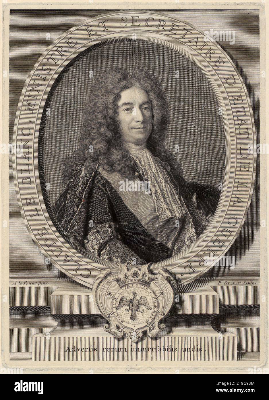 Pierre-Imbert Drevet (1697 - 1739)Adrien Leprieur (1715, 1725 menzionato intorno), dopo, ritratto di Claude le Blanc, origine del mezzo di stampa: Circa 1718 - 1728, incisione su copperplate e incisione, dimensione foglio: 22. Platemark 7 x 16,3 cm: 22,2 x 15,9 cm, inciso intorno al medaglione 'CLAUDE LE BLANC, MINISTRE ET SECRETAIRE D' ETAT DE LA GUERRE.'; Darunt, verso in basso a sinistra nota del commerciante in grafite '21310, M. DC Foto Stock