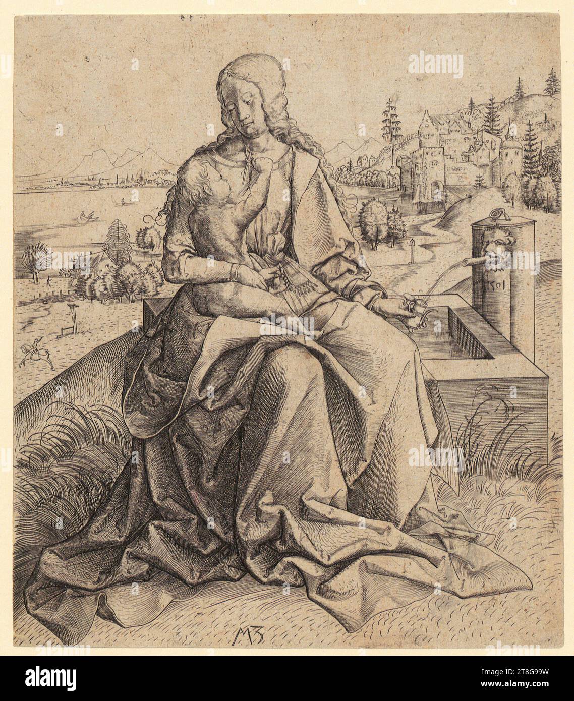 Matthäus Zasinger (anche Maestro MZ) (1500 attivo circa), artista Albrecht Dürer (1471 - 1528), dopo, Maria col bambino al pozzo, stampa media creazione: 1501, incisione rame su carta vergé, dimensione foglio: 17,7 x 15,4 cm (margine lastra tagliato)' campo 3 datato '1501' al centro destra; monogramma "MZ" in basso al centro, rosso Foto Stock