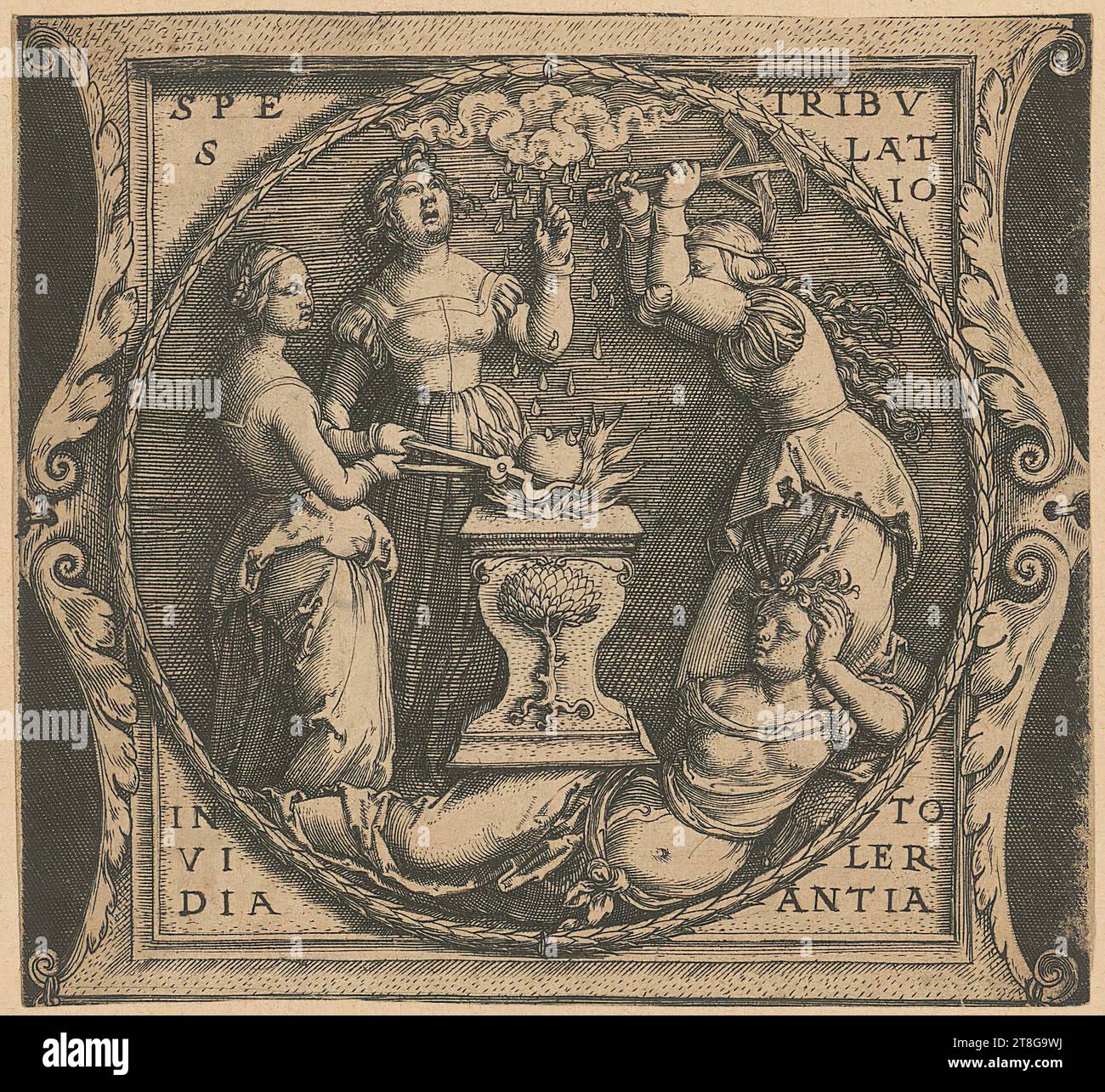Monogramma WMD Nagler V 1828 (1500 circa ), artista Martin Schongauer (1450 um - 1491), copia dopo Santa Barbara, Martin Schongauer (1450 um - 1491), artista, Santa Barbara, monogramma IB Nagler III 1950 (1523 - 1530 UM menzionata), artista, frammento del foglio 'emblema con fucina di cuori e personificazioni di Invidia, spes, Tribulatio e Tolerantia', origine del supporto di stampa: 1529, targa di rame su carta vergé, dimensione foglio: 7. 6 x 8,4 cm (tagliato in alto e in basso)" con l'iscrizione "SPE, S" in alto a sinistra; con l'iscrizione "TRIBV, LAT Foto Stock