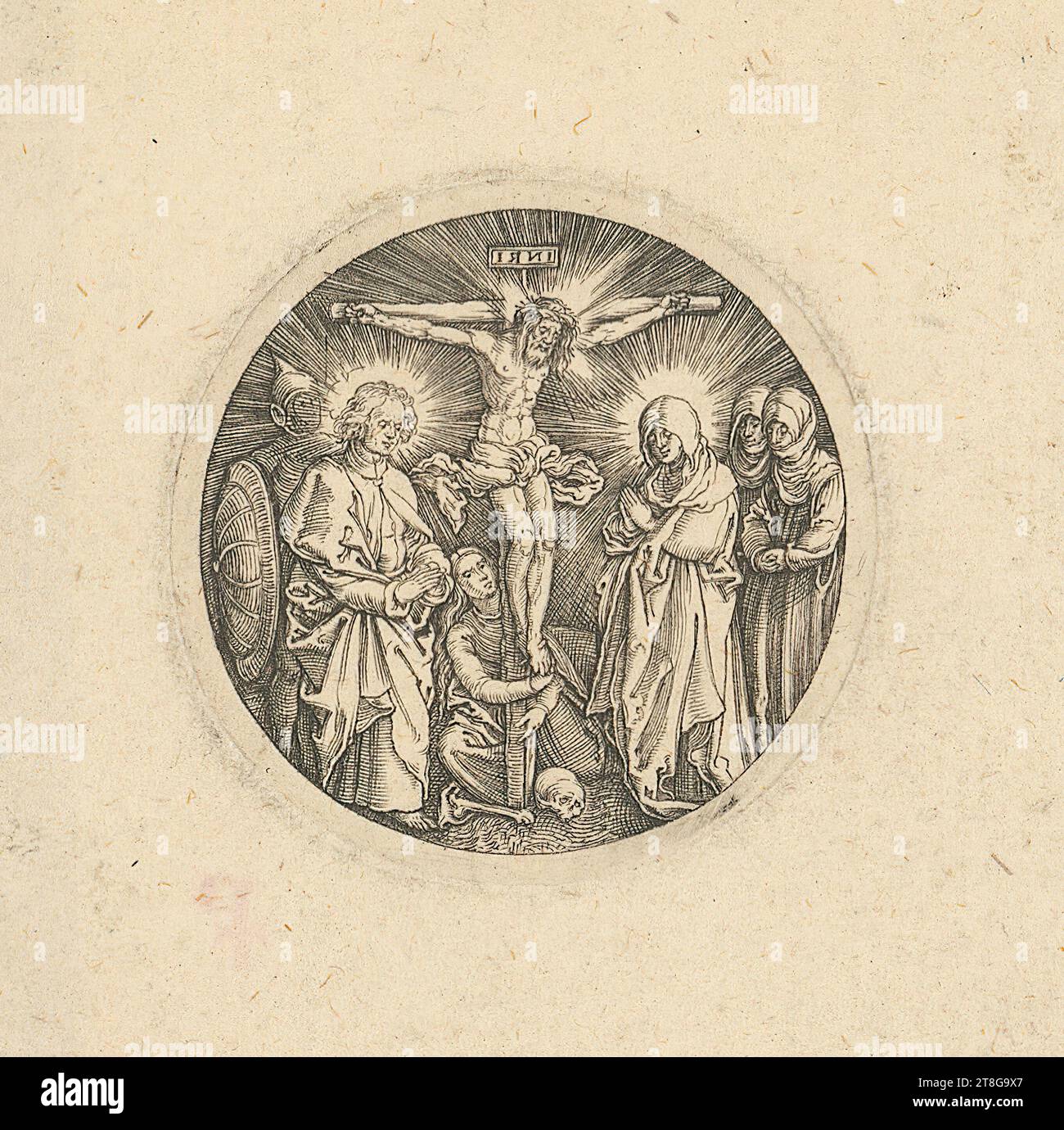 Anonimo (datazione sconosciuta), incisore Albrecht Dürer (1471 - 1528), copia dopo, piccolo bottone di pepe Crocifissione dell'imperatore Massimiliano, origine del mezzo di stampa: Circa 1600 - circa 1700 17, incisione su lastra di copperplate su carta vergé, dimensioni foglio: 6,0 x 6,2 cm diametro: 3,9 cm (platemark)' incisa in alto al centro sulla croce 'i? ? IO Foto Stock