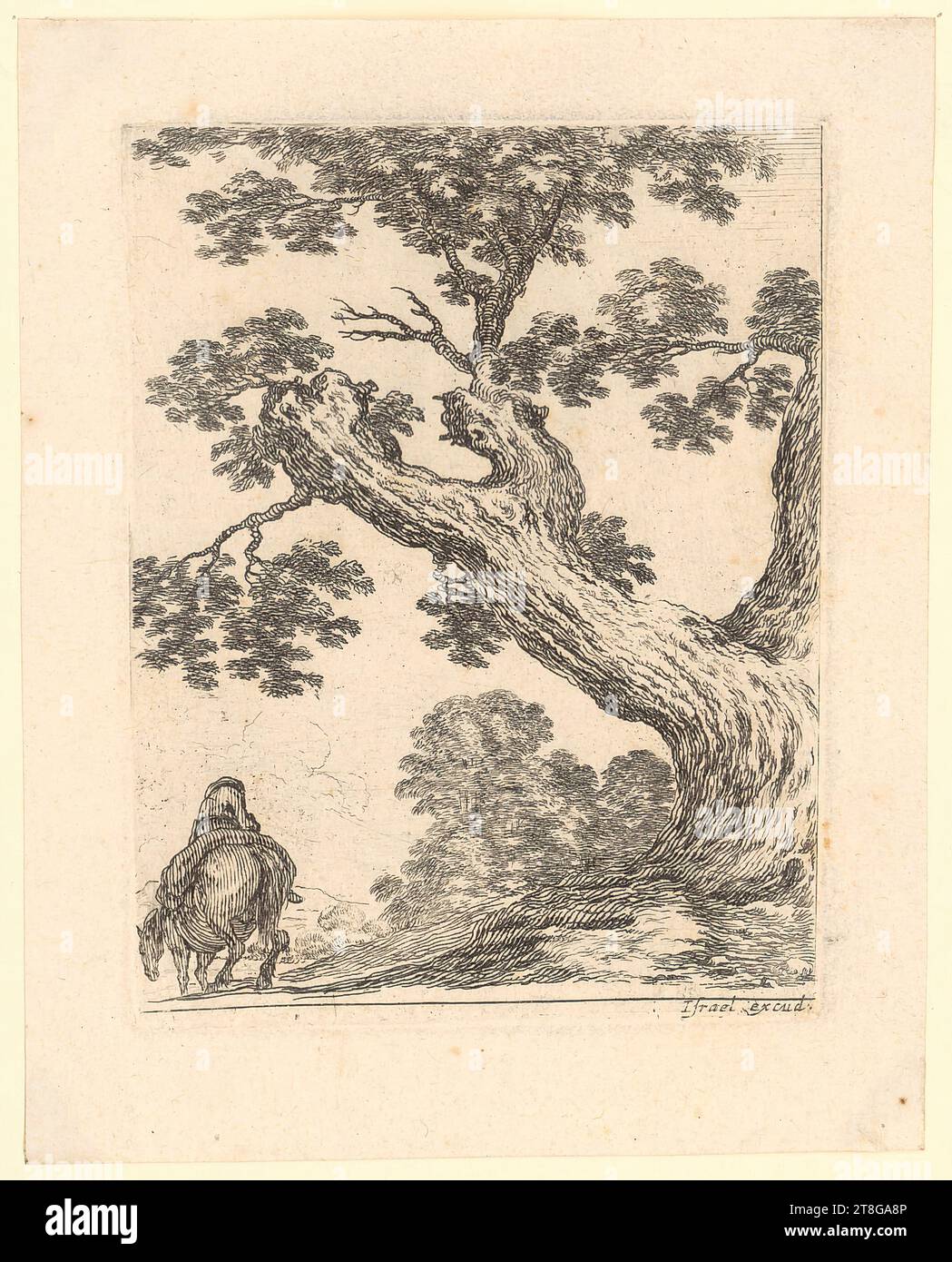 Stefano della bella (1610 - 1664), artista Israël Henriet (1590 - 1661), editore, cavaliere in vista dorsale sotto un grande albero, origine del mezzo di stampa: 1643 - 1648, incisione su vergé di carta, dimensioni foglio: 10,8 x 8,6 cm platemark: 8,6 x 6,5 cm, con incisione in basso a destra "Israel Exdondit.", verso in basso a sinistra nero Foto Stock