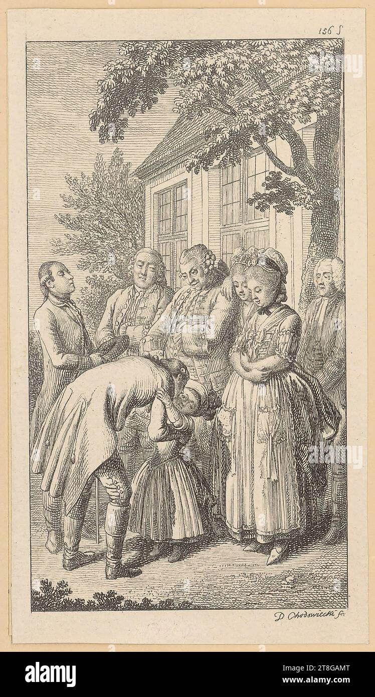 Daniel Nikolaus Chodowiecki (1726 - 1801), artista, Herr v. G. und Alexander nehmen Abschied, origine del mezzo di stampa: 1779, incisione su carta vergé, dimensione foglio: 12,2 x 6,9 cm (tagliato in platemark)' Field3 numerato '156 S' in alto a destra; firmato 'D Chodowiecki fecit' in basso a destra Foto Stock