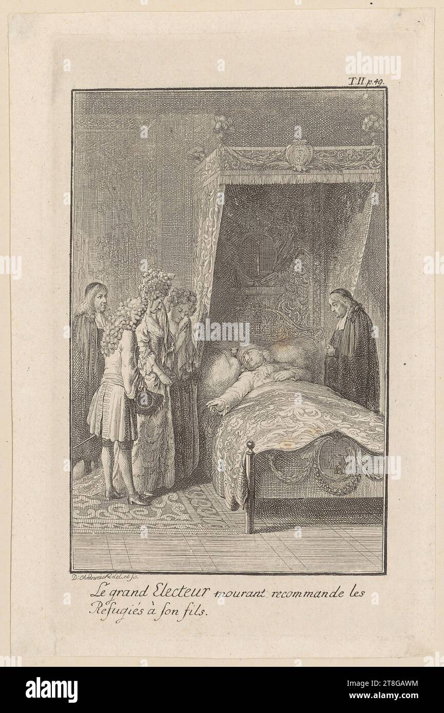 Daniel Nikolaus Chodowiecki (1726 - 1801), artista, foglio di 'Mémoires ... Des refugiés', secondo volume, origine del mezzo di stampa: 1783, incisione su carta vergé, dimensione foglio: 16,9 x 11,3 cm margine piastra: 15,7 x 10,0 cm, inciso in alto a destra "T. II P. 40."; firmato in basso a sinistra "D: Chodowiecki delineavit. et sculp Foto Stock