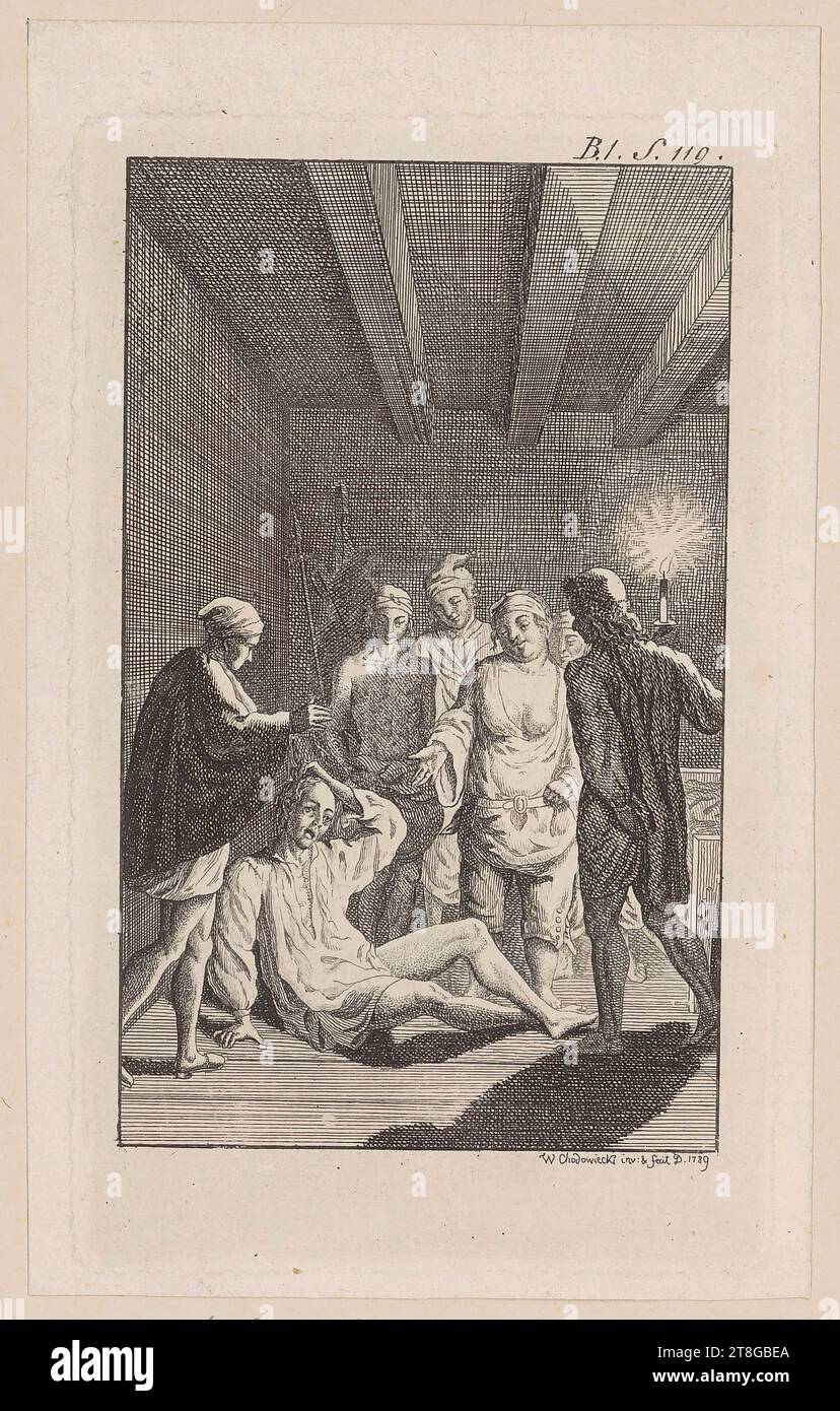 Wilhelm Chodowiecki (1765-1805), artista Daniel Nikolaus Chodowiecki (1726 - 1801), dopo, scena notturna, uomo in abito da notte seduto a terra in un gruppo, un uomo in piedi con una candela, media di stampa: 1789, incisione su carta vergé, dimensione foglio: 15. 0 x 9,3 cm margine piastra: 13,6 x 8,2 cm, inciso in alto a destra 'B. 1. P. 110."; firmato in basso a destra "W Chodowiecki invenit: & Fecit D. 1 Foto Stock