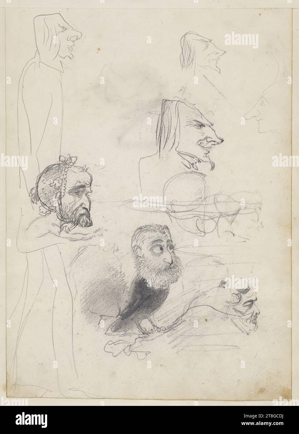 Ritratto di un uomo che indossa un grande cappotto, disegna un cerchio a terra usando una bussola (Moore), diversi schizzi di ritratti-carica, disegnatore, tra il 1840 e il 1850, XIX secolo, arti grafiche, disegno, disegno, pietra nera, Sanguine, Graphite matita, Roma, dimensioni - lavoro: altezza: 36,3 cm, larghezza: 25,9 cm Foto Stock