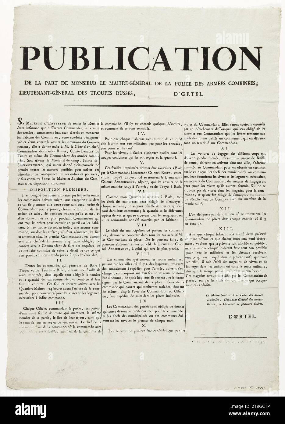 PUBBLICAZIONE, DAL COMANDANTE GENERALE DELLA POLIZIA DELL'ESERCITO COMBINATO, TENENTE GENERALE DELLE TRUPPE RUSSE, D'OERTEL, STAMPANTE, NEL 1814, ARTI GRAFICHE, manoscritti, stampati, rilegatura, poster, tipografia u003d stampa letterpress, dimensioni - opera: altezza: 57 cm, larghezza: 40,5 cm Foto Stock