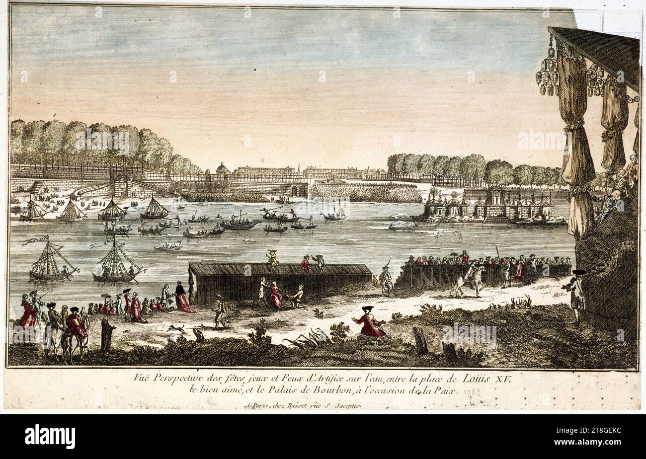 Vista prospettica dei giochi e dei fuochi d'artificio sull'acqua, tra il luogo di Loüis XV l'amato, e il Palais Bourbon, in occasione della Pace, incisore, Basset, André, Editore, circa 1763, Stampa, arti grafiche, stampa, incisione, dimensioni - lavoro: altezza: 25,2 cm, larghezza: 39,2 cm, dimensioni - montaggio:, altezza: 32,6 cm, larghezza: 49,8 cm Foto Stock