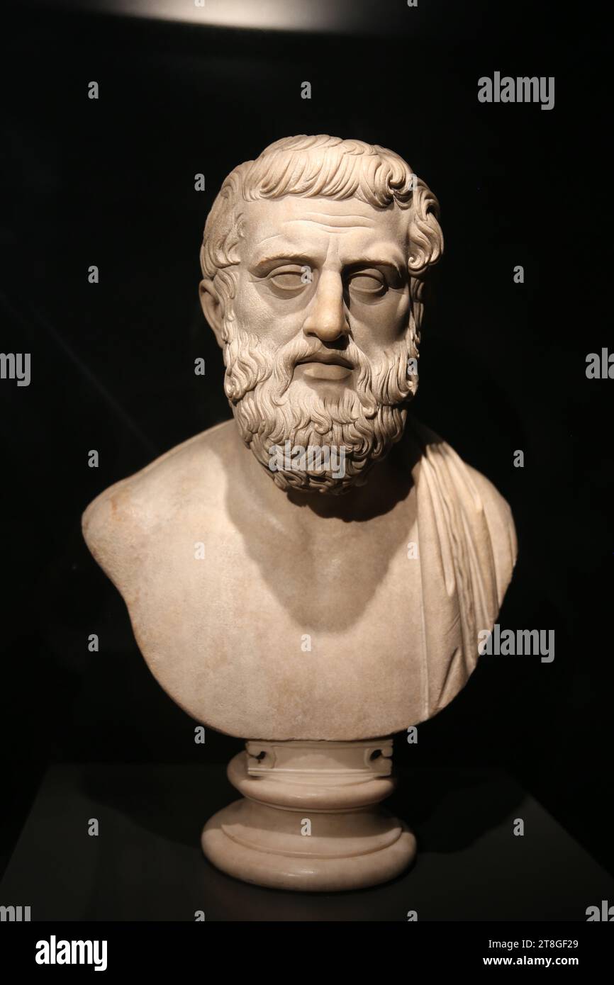 Busto in marmo di un uomo barbuto simile a Sofocle (originale greco ora perduto).Laxio. Italia. c. 100-120. Brisith Museum. Londra. GBR Foto Stock