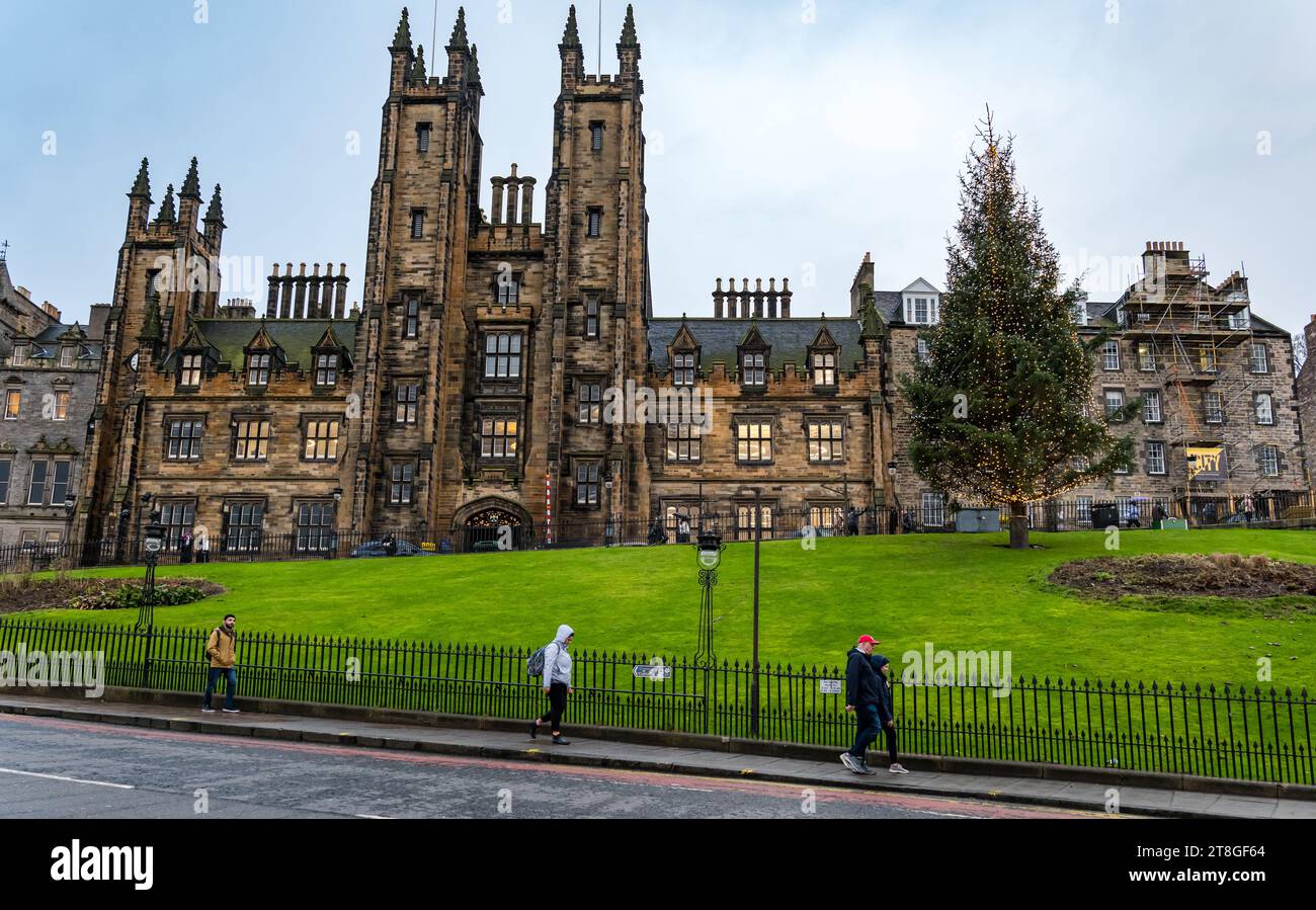 Edimburgo, Scozia, Regno Unito, 20 novembre 2023. L'albero di Natale norvegese sul tumulo di fronte all'Assemblea generale, un regalo annuale del Consiglio della contea di Vestland, è un'attrazione alla luce del tramonto poco prima del suo interruttore ufficiale su T. Credit: Sally Anderson/Alamy Live News Foto Stock