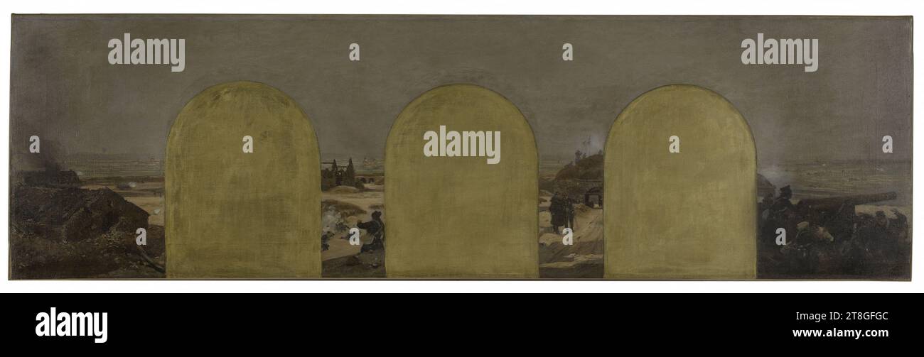 Schizzo per il gabinetto del prefetto dell'Hôtel de Ville a Parigi: Una batteria sui bastioni: L'assedio di Parigi nel 1870, Arus, Raoul, Painter, nel 1889, IV quarto del XIX secolo, pittura, pittura, pittura a olio, tela (materiale), dimensioni - lavoro: altezza: 46,5 cm, larghezza: 154,5 cm Foto Stock