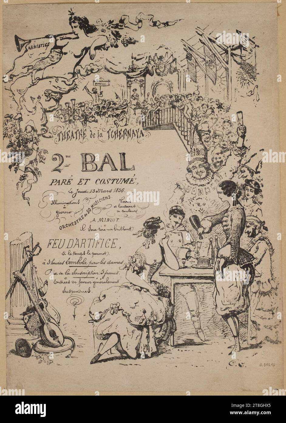 Théâtre de la Tchernaya, 2me Bal, Paré et costumé ..., disegnatore-litografo, stampatore-litografo, Stampa, grafica, stampa, litografia, dimensioni - Opera: altezza: 34,8 cm, larghezza: 24,9 cm, dimensioni - montaggio:, altezza: 50 cm, larghezza: 32,8 cm Foto Stock