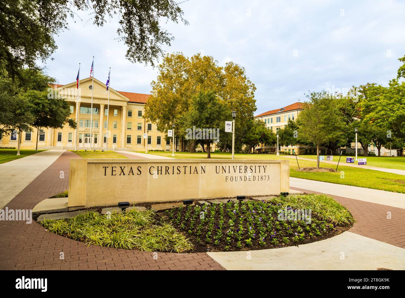 Fort Worth, Texas - 11 novembre 2023: Insegna della Texas Christian University Foto Stock