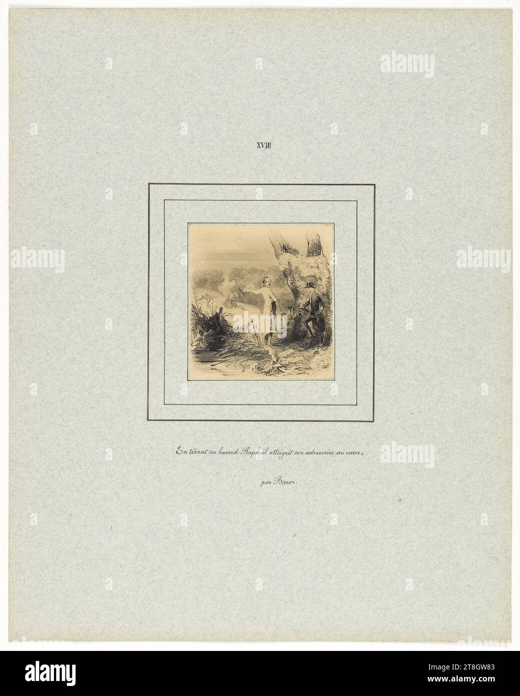 Sparando a caso, Raphaël colpisce il suo avversario nel cuore, barone, Henri-Charles-Antoine, disegnatore, nel 1838, XIX secolo, Maison de Balzac, arti grafiche, illustrazione di libri, disegno, inchiostro, carta, lavaggio, grafite, dimensioni - supporto anticato:, altezza: 36,5 cm, larghezza: 29 cm, dimensioni - lavoro: altezza: 8,8 cm, larghezza: 8,3 cm Foto Stock