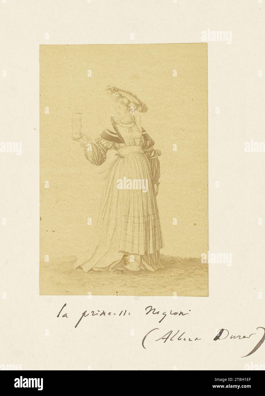 Princesse Négroni, ispirata a un disegno di Albrecht Dürer, fotografo, Hugo, Victor, autore del testo, tra il 1865 e il 1870, terzo quarto del XIX secolo, Maison de Victor Hugo - Hauteville House, Fotografia, Fotografia, stampa in albume, dimensioni - opera: Altezza: 19,8 cm, larghezza: 14,5 cm, dimensioni - pagina - foglio:, altezza: 27,2 cm, larghezza: 35,8 cm Foto Stock