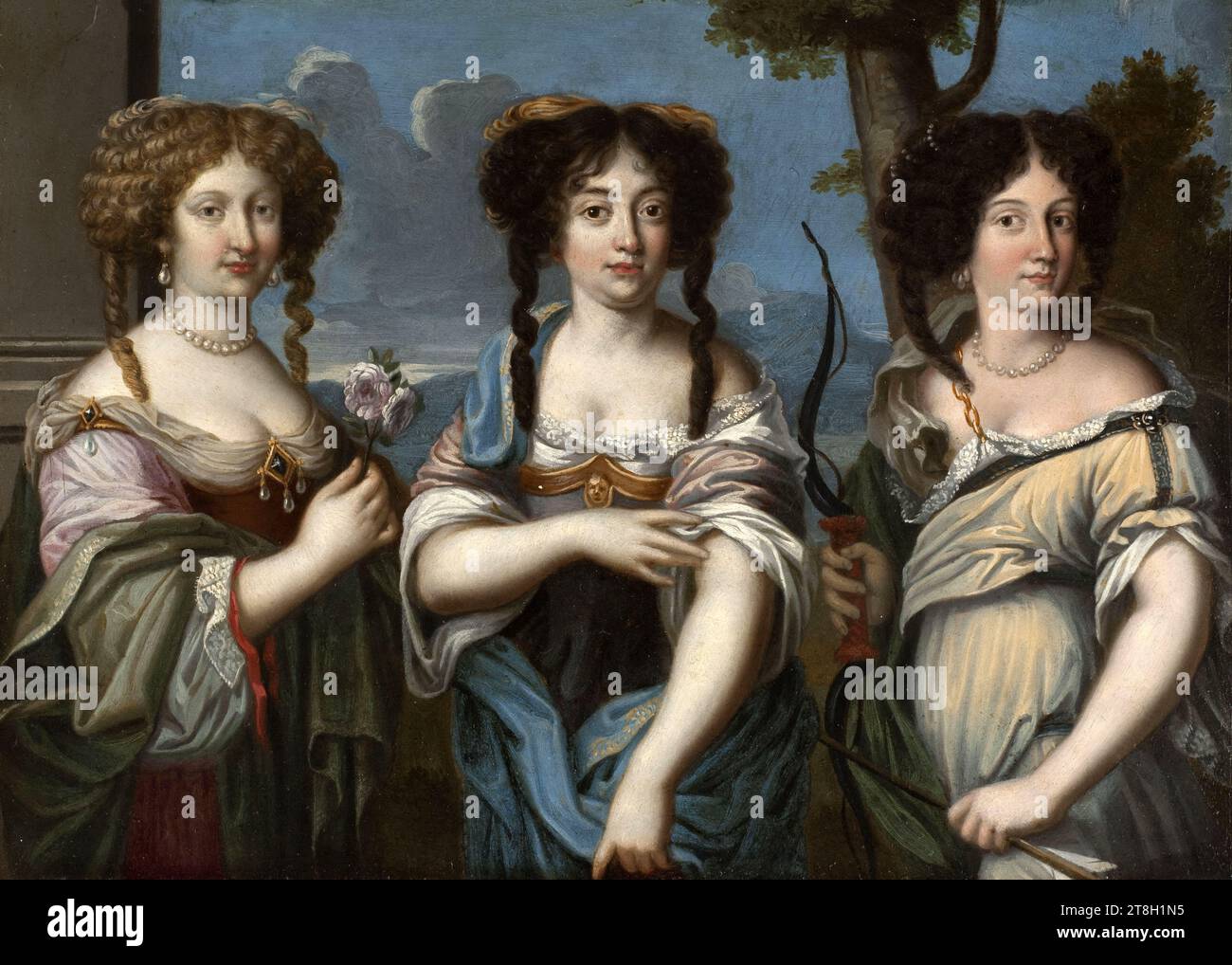 Triplo ritratto di donne, precedentemente conosciuto come "Les Nièces de Mazarin, Pittore, scuola francese, Pittore, XVII secolo, pittura, pittura, olio, rame, dimensioni - Opera: altezza: 20,5 cm, larghezza: 28,5 cm, dimensioni - telaio:, altezza: 35 cm, larghezza: 41,5 cm, spessore: 3,5 cm Foto Stock Triplo ritratto di donne, precedentemente conosciuto come "Les Nièces de Mazarin, Pittore, scuola francese, Pittore, XVII secolo, pittura, pittura, olio, rame, dimensioni - Opera: altezza: 20,5 cm, larghezza: 28,5 cm, dimensioni - telaio:, altezza: 35 cm, larghezza: 41,5 cm, spessore: 3,5 cm Foto Stock
