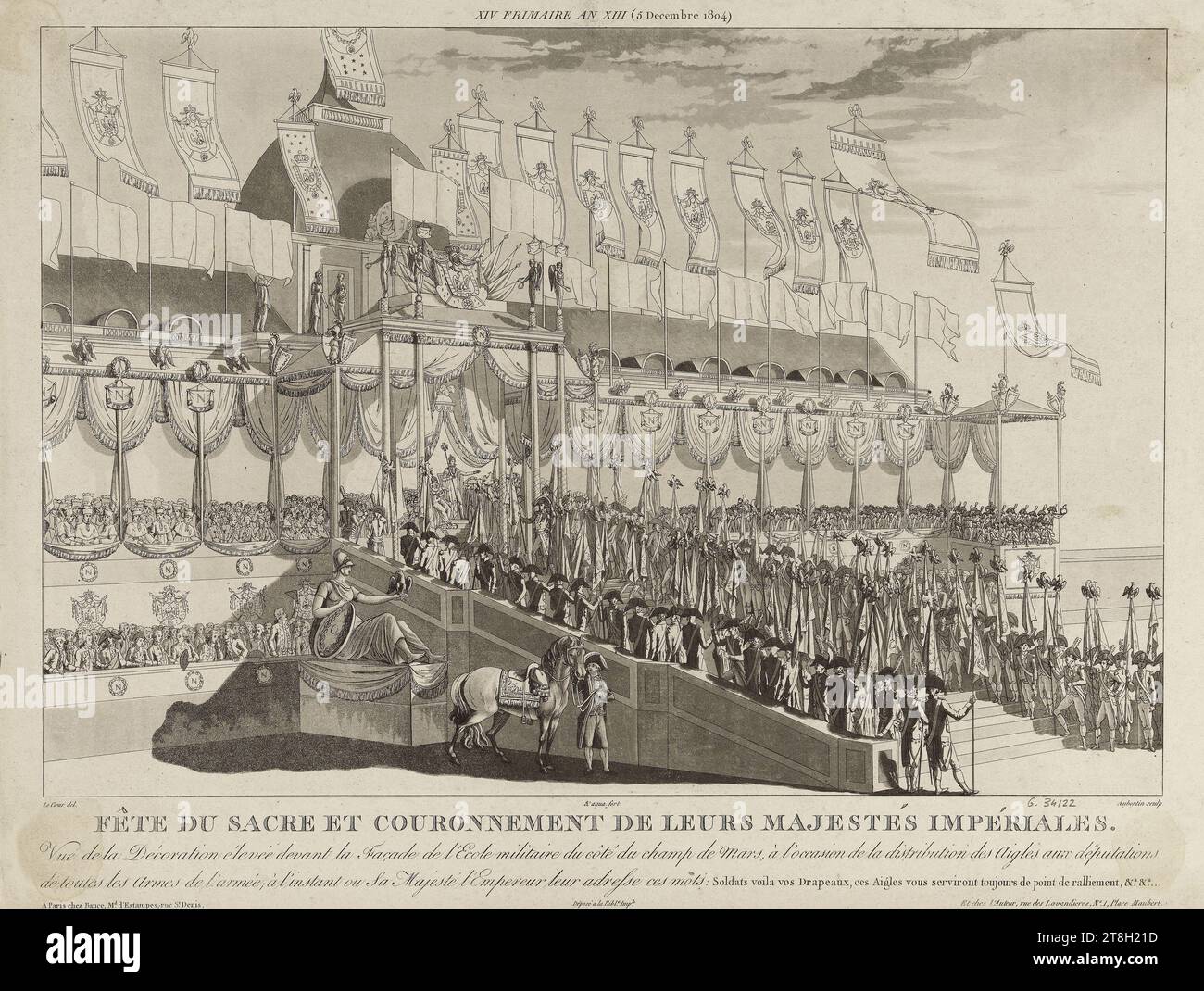 Incoronazione delle loro Maestie Imperiali.., veduta della decorazione eretta di fronte alla facciata dell'Ecole Militaire sul lato degli Champs de Mars, in occasione della distribuzione delle Aquile alla deputazione, di tutte le armi dell'esercito; sul..., Aubertin, Francois, Graveur, Lecoeur ou le Coeur, Louis, Dessinateur, Bance, Jacques Louis (Aîné), Editeur, Aubertin, Francois, Editeur, Après 1804, stampa, arti grafiche, Stampa, acquatinta, dimensioni - Opera: altezza: 34,9 cm, larghezza: 46,3 cm, dimensioni - montaggio:, altezza: 50,3 cm, larghezza: 65,3 cm Foto Stock Incoronazione delle loro Maestie Imperiali.., veduta della decorazione eretta di fronte alla facciata dell'Ecole Militaire sul lato degli Champs de Mars, in occasione della distribuzione delle Aquile alla deputazione, di tutte le armi dell'esercito; sul..., Aubertin, Francois, Graveur, Lecoeur ou le Coeur, Louis, Dessinateur, Bance, Jacques Louis (Aîné), Editeur, Aubertin, Francois, Editeur, Après 1804, stampa, arti grafiche, Stampa, acquatinta, dimensioni - Opera: altezza: 34,9 cm, larghezza: 46,3 cm, dimensioni - montaggio:, altezza: 50,3 cm, larghezza: 65,3 cm Foto Stock