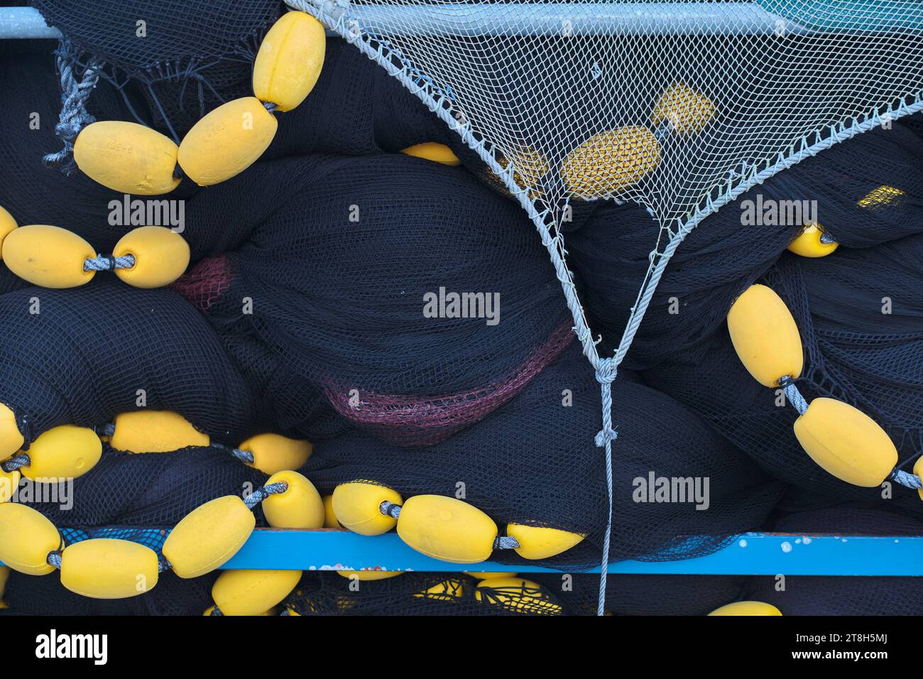 primo piano delle reti per barche da pesca. Porto di Colindres, Cantabria, Spagna, Europa Foto Stock