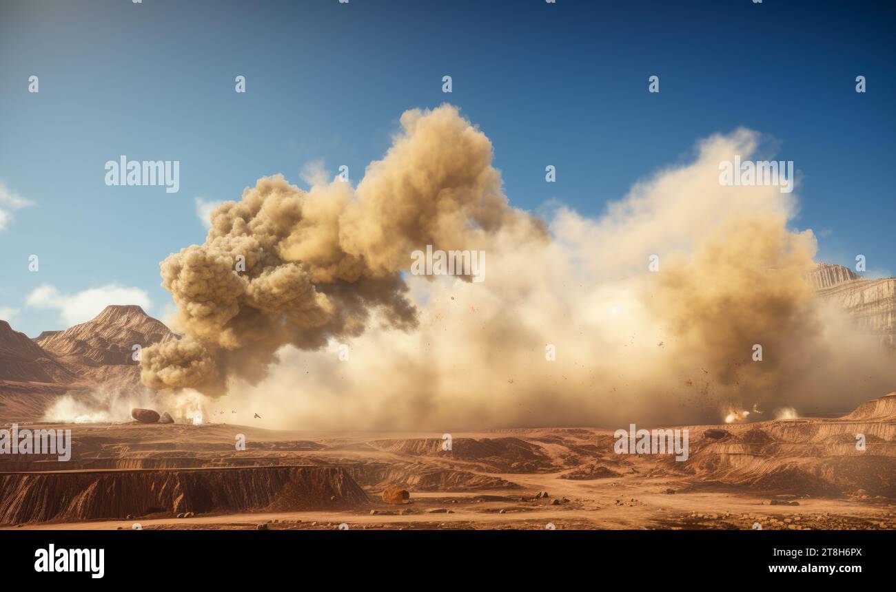 Un'estrema tempesta di polvere dopo il detonatore che esplode sul sito minerario nel deserto Foto Stock