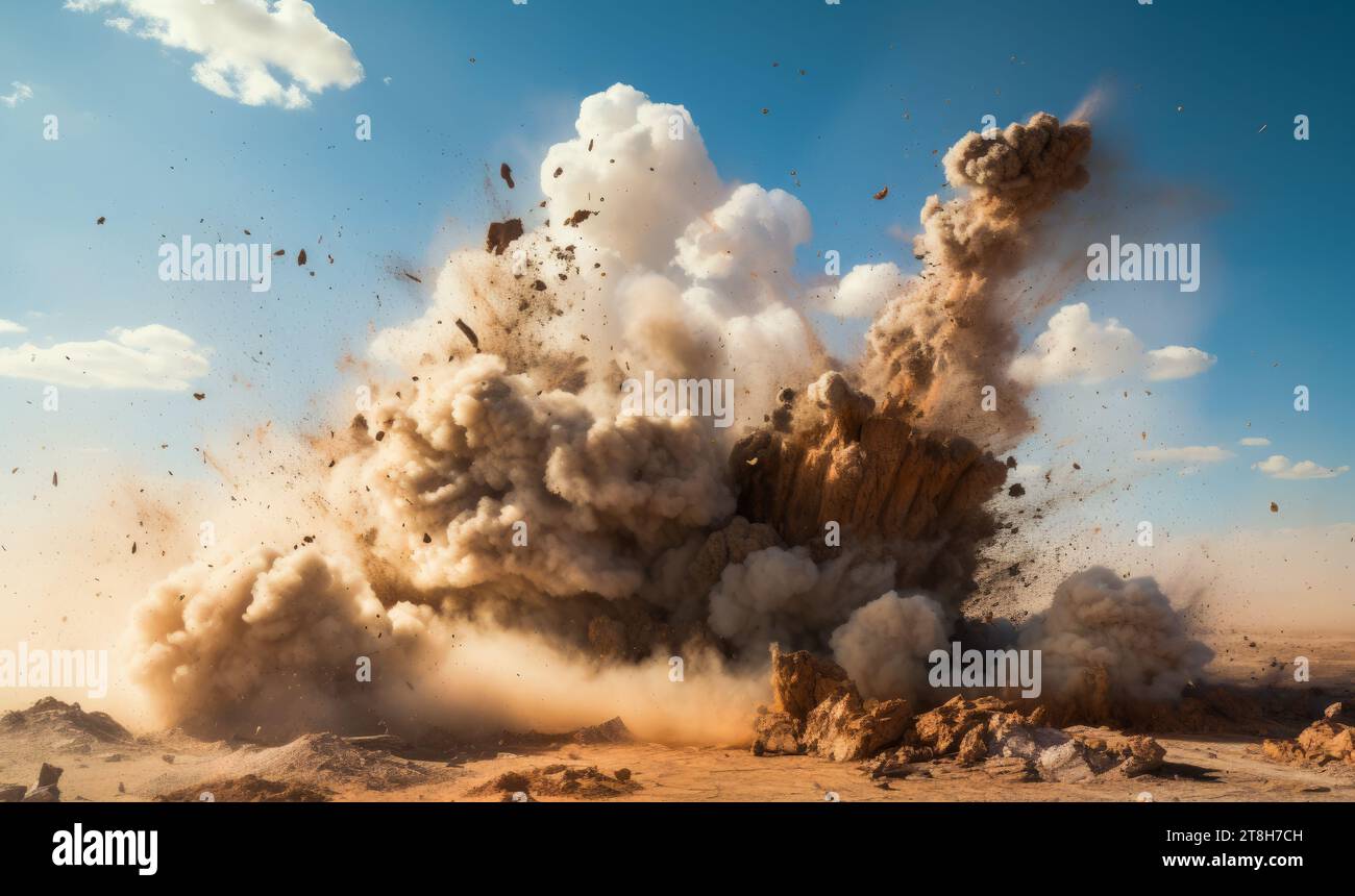 Nuvole di polvere durante la brillamento del detonatore industriale nel sito minerario Foto Stock