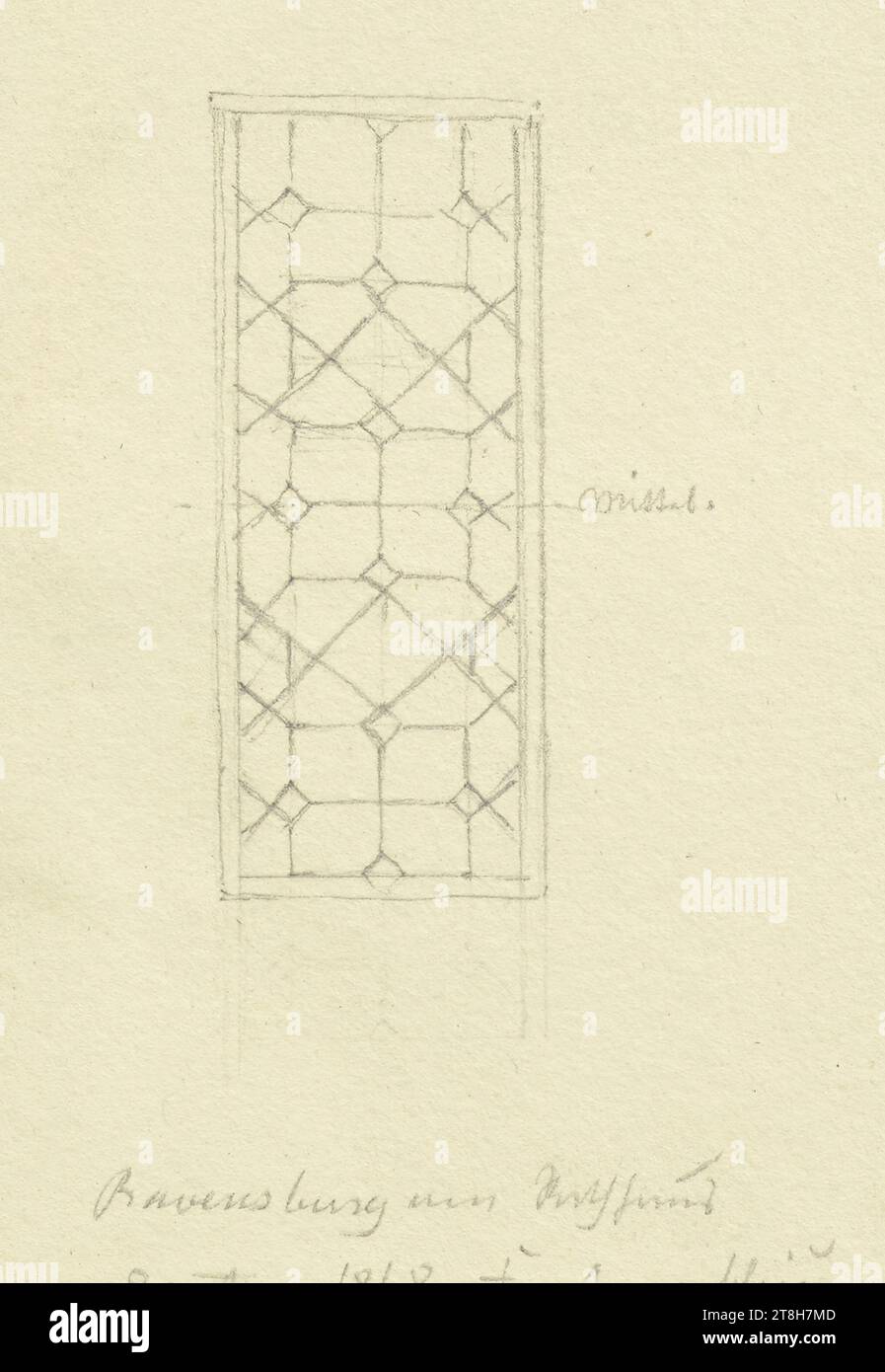 CARL THEODOR REIFFENSTEIN, vetrata del municipio di Ravensburg, 20 agosto 1868, foglio, 85 x 63 mm, matita su carta, vetrata piombata del municipio di Ravensburg, CARL THEODOR REIFFENSTEIN, pagina, nastri adesivi, volume 28, pagina 26, numero di parte / totale, 6 / 6, RAVENSBURG, XIX SECOLO, DISEGNO, matita su carta, MISCELA GRAFITE-ARGILLA, CARTA, DISEGNO A MATITA, TEDESCO, STUDIO DI ARCHITETTURA, STUDIO DOPO Un MESTIERE, STUDIO DI VIAGGIO, datato e iscritto sotto, a matita, Ravensburg am Rathhaus / 20 agosto 1868. Apertura finestra Foto Stock