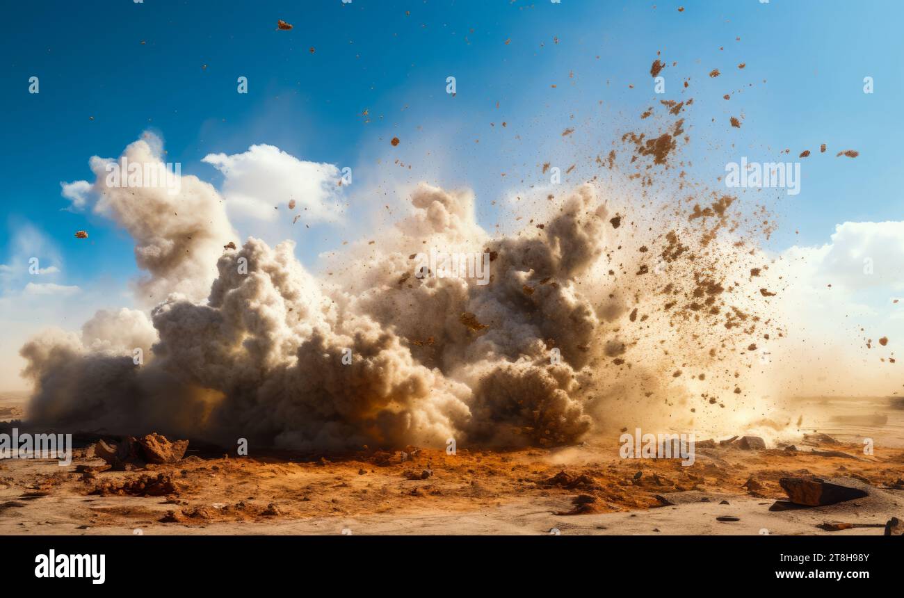Macerie e particelle di roccia volanti dopo l'esplosione del detonatore sul sito minerario Foto Stock