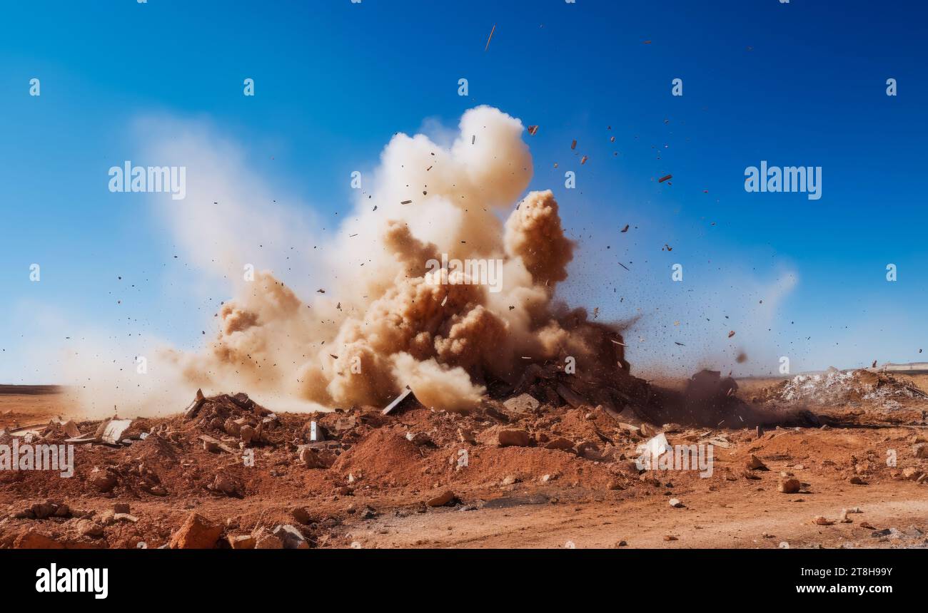Tempesta di polvere durante il lancio di un detonatore elettrico sul sito minerario a cielo aperto in Cina Foto Stock