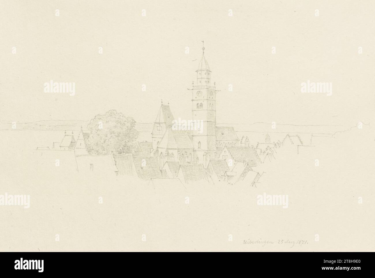 CARL THEODOR REIFFENSTEIN, Überlingen con St Nicholas, 25 agosto 1871, foglio, 151 x 206 mm, matita su carta, Überlingen con St Nicholas, CARL THEODOR REIFFENSTEIN, page, nastri adesivi, volume 30, pagina 75, numero di parte / totale, 1 / 2, Überlingen, XIX SECOLO, DISEGNO, matita su carta, MISCELA GRAFITE-ARGILLA, CARTA, DISEGNO A MATITA, TEDESCO, STUDIO DI ARCHITETTURA, STUDIO DEL PAESAGGIO, STUDIO DI VIAGGIO, datato e inciso in basso a destra, a matita, Überlingen 25 ago 1871., numerato sulla pagina sotto il disegno, a matita, 1 Foto Stock
