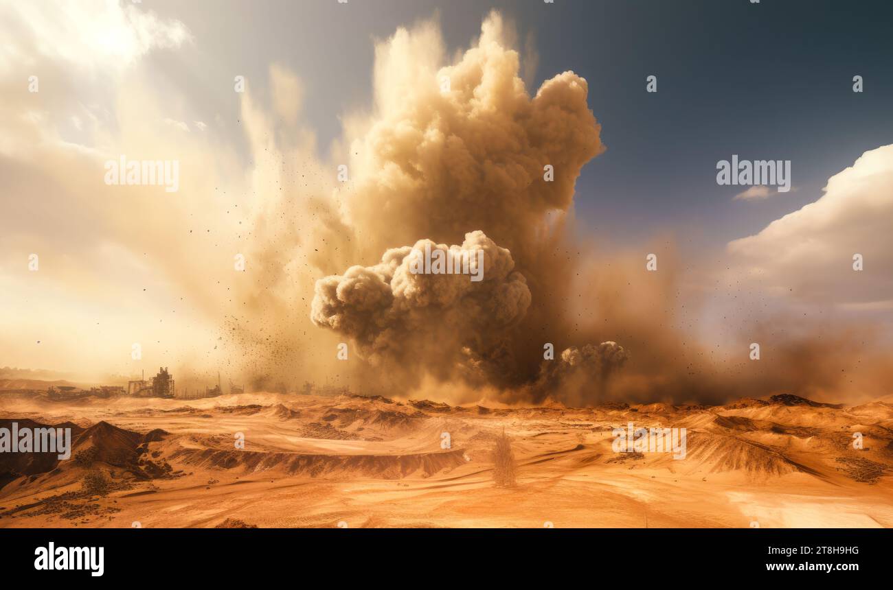 Tempesta di polvere dopo il detonatore che esplode sul sito minerario a cielo aperto Foto Stock