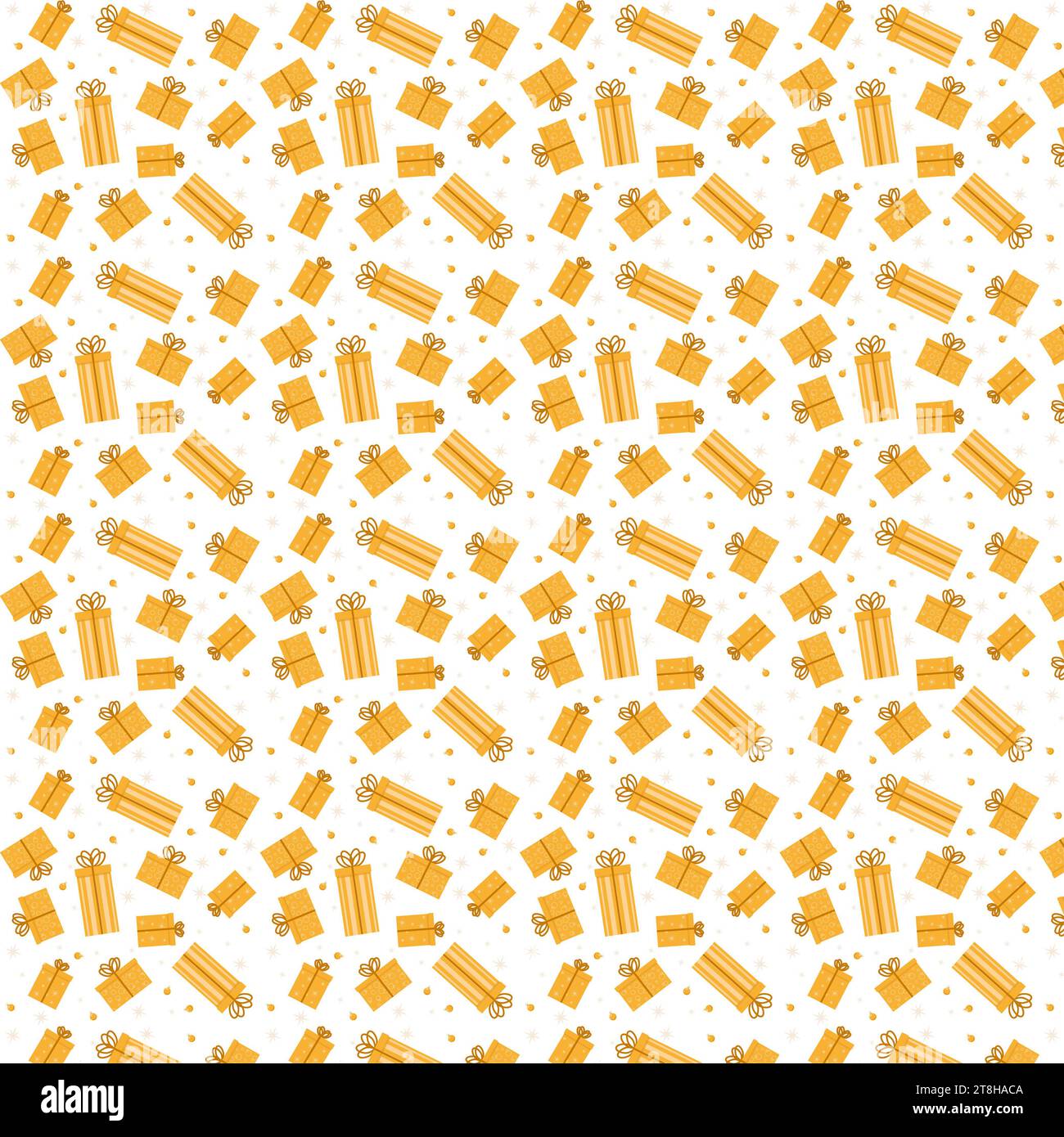 Scatole regalo dorate ocra per le feste con motivi beige di stelle e palle ornamenti su sfondo bianco vettoriale Foto Stock