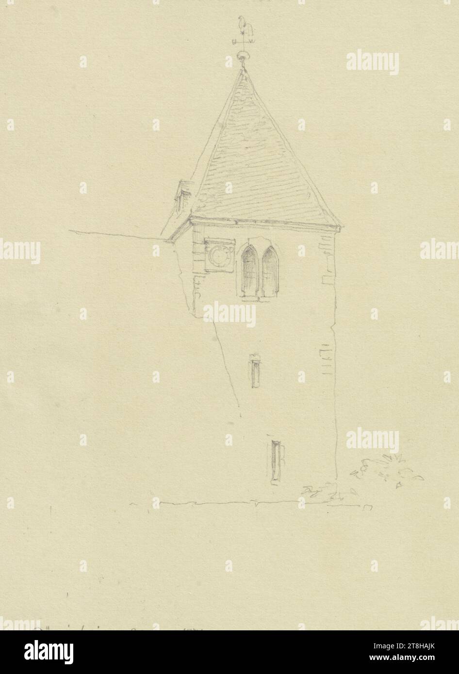 CARL THEODOR REIFFENSTEIN, Church tower in Maintal-Dörnigheim, 20 agosto 1874, foglio, 149 x 112 mm, matita su carta pergamena, Church tower in Maintal-Dörnigheim, CARL THEODOR REIFFENSTEIN, pagina, nastri adesivi, volume 32, pagina 27, numero di parte / totale, 1 / 4, MAINTAL-DÖRNIGHEIM, XIX SECOLO, DISEGNO, matita su carta pergamena, MISCELA GRAFITE-ARGILLA, CARTA DI VELLUTO, DISEGNO A MATITA, TEDESCO, STUDIO DI ARCHITETTURA, STUDIO DI VIAGGIO, datato e inciso in basso a sinistra, a matita, Dörnigheim. 20 agosto 1874, numerato sulla pagina sopra il disegno, in penna nera Foto Stock