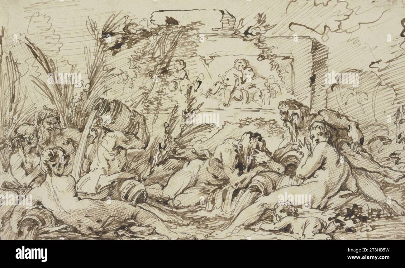 FRANCOIS BOUCHER, ninfe e dèi del fiume in un monumento in rilievo, ca. 1735 - 1740, foglio, 159 x 266 mm, penna marrone su carta fatta a mano, ninfe e dèi di fiume in un monumento in rilievo, FRANCESCO BOUCHER, XVIII SECOLO, ROCOCÒ, DISEGNO, penna in marrone su carta fatta a mano, INCHIOSTRO, INCHIOSTRO, CARTA, DISEGNO A PENNA, FRANCESE, DISEGNO ILLUSTRATO, STUDIO DI COMPOSIZIONE Foto Stock