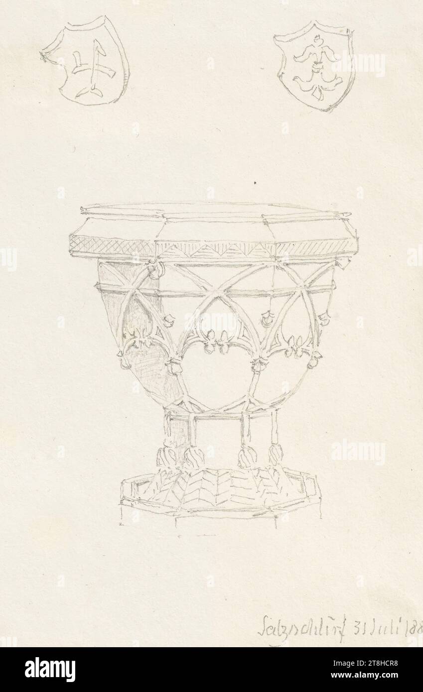 CARL THEODOR REIFFENSTEIN, fonte battesimale di St. Vitus in Salzschlirf, sopra due stemmi, 31 luglio 1880, foglio, 132 x 93 mm, matita su carta, fonte battesimale di San Vitus in Salzschlirf, sopra due stemmi, CARL THEODOR REIFFENSTEIN, pagina, nastri adesivi, volume 36, pagina 38, numero di parte / totale, 3 / 3, SANKT VITUS, BAD SALZSCHLIRF, 19TH CENTURY, DISEGNO, matita su carta, MISCELA GRAFITE-ARGILLA, CARTA, DISEGNO A MATITA, TEDESCO, STUDIO DOPO Un LAVORO SCULTOREO, STUDIO ORNAMENTO, STUDIO DI VIAGGIO, datato e inciso in basso a destra, a matita, Salzschlirf 31 luglio 1880 / Chiesa., numerato sul Foto Stock