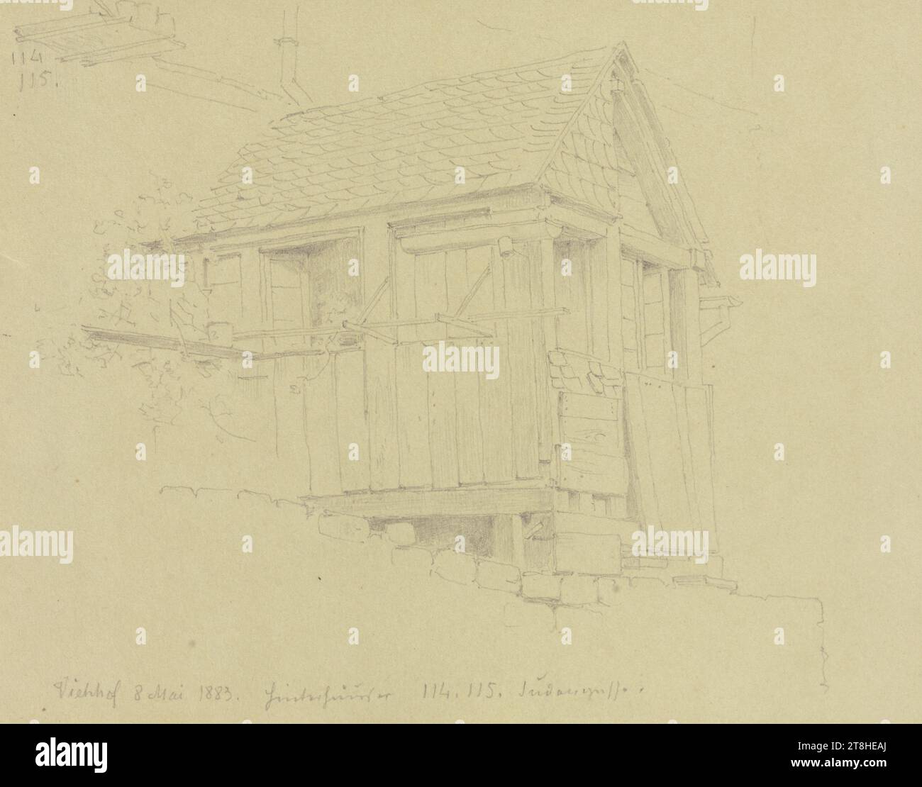 CARL THEODOR REIFFENSTEIN, Hinterhäuser in Judengasse 114 e 115 al Viehhof di Francoforte sul meno, 8 maggio 1883, foglio, 119 x 157 mm, matita su carta, Hinterhäuser in Judengasse 114 e 115 al Viehhof di Francoforte sul meno, CARL THEODOR REIFFENSTEIN, pagina, nastri adesivi, volume 38, pagina 77, numero di parte / totale, 2 / 2, FRANCOFORTE SUL MENO, XIX SECOLO, DISEGNO, matita su carta, MISCELA GRAFITE-ARGILLA, CARTA, DISEGNO A MATITA, TEDESCO, STUDIO DI ARCHITETTURA, STUDIO DI VIAGGIO, datato e inciso in basso a sinistra, a matita, Viehhof 8 maggio 1883. Hinterhäuser 114. 115. Judengasse.; inciso in alto a sinistra, in Foto Stock