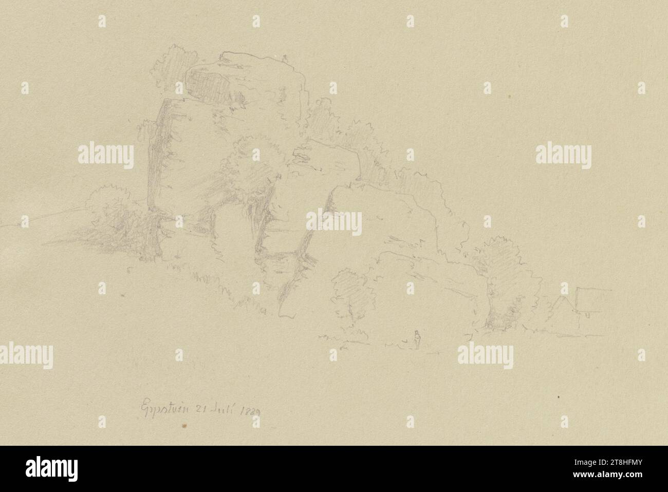 CARL THEODOR REIFFENSTEIN, sperone di roccia a Eppstein, 21 luglio 1889, foglio, 119 x 158 mm, matita su carta, sperone di roccia a Eppstein, CARL THEODOR REIFFENSTEIN, pagina, nastri adesivi, volume 42, pagina 18, numero di parte / totale, 2 / 3, EPPSTEIN, XIX SECOLO, DISEGNO, matita su carta, MISCELA GRAFITE-ARGILLA, CARTA, DISEGNO A MATITA, TEDESCO, STUDIO DEL PAESAGGIO, STUDIO DI VIAGGIO, datato e inciso in basso a sinistra, a matita, Eppstein 21 luglio 1889 Foto Stock