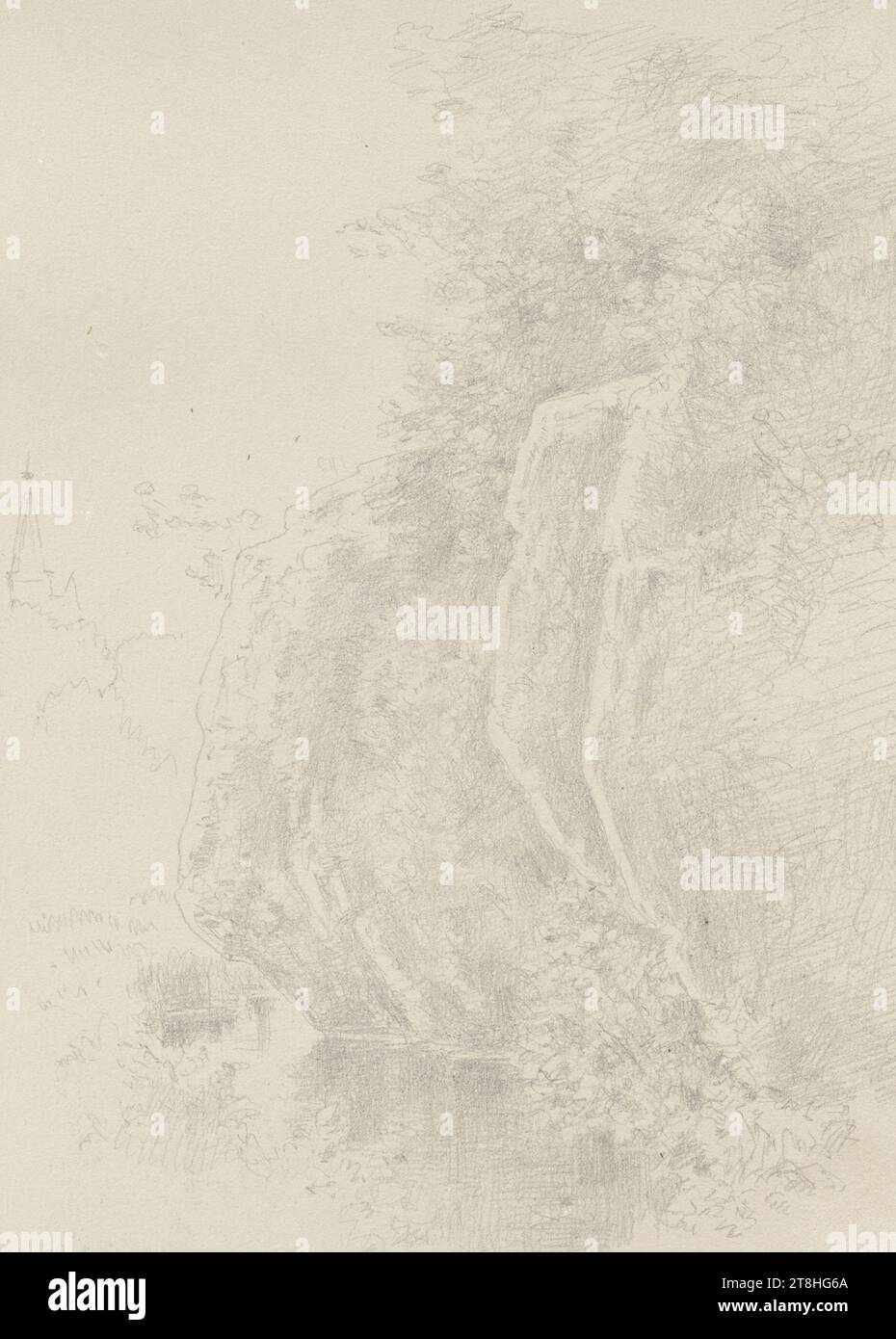 CARL THEODOR REIFFENSTEIN, parete rocciosa su un corpo d'acqua vicino a Eppstein, 4 agosto 1892, foglio, 152 x 113 mm, matita su carta, parete rocciosa su un corpo d'acqua vicino a Eppstein, CARL THEODOR REIFFENSTEIN, pagina, nastri adesivi, volume 43, pagina 23, numero di parte / complessivo, 4 / 4, cerchio EPPSTEIN, 19TH CENTURY, DISEGNO, matita su carta, MISCELA GRAFITE-ARGILLA, CARTA, DISEGNO A MATITA, TEDESCO, STUDIO DEL PAESAGGIO, STUDIO DI VIAGGIO, datato e inciso in basso a sinistra, a matita, Epstein. 4 agosto 1892 Foto Stock
