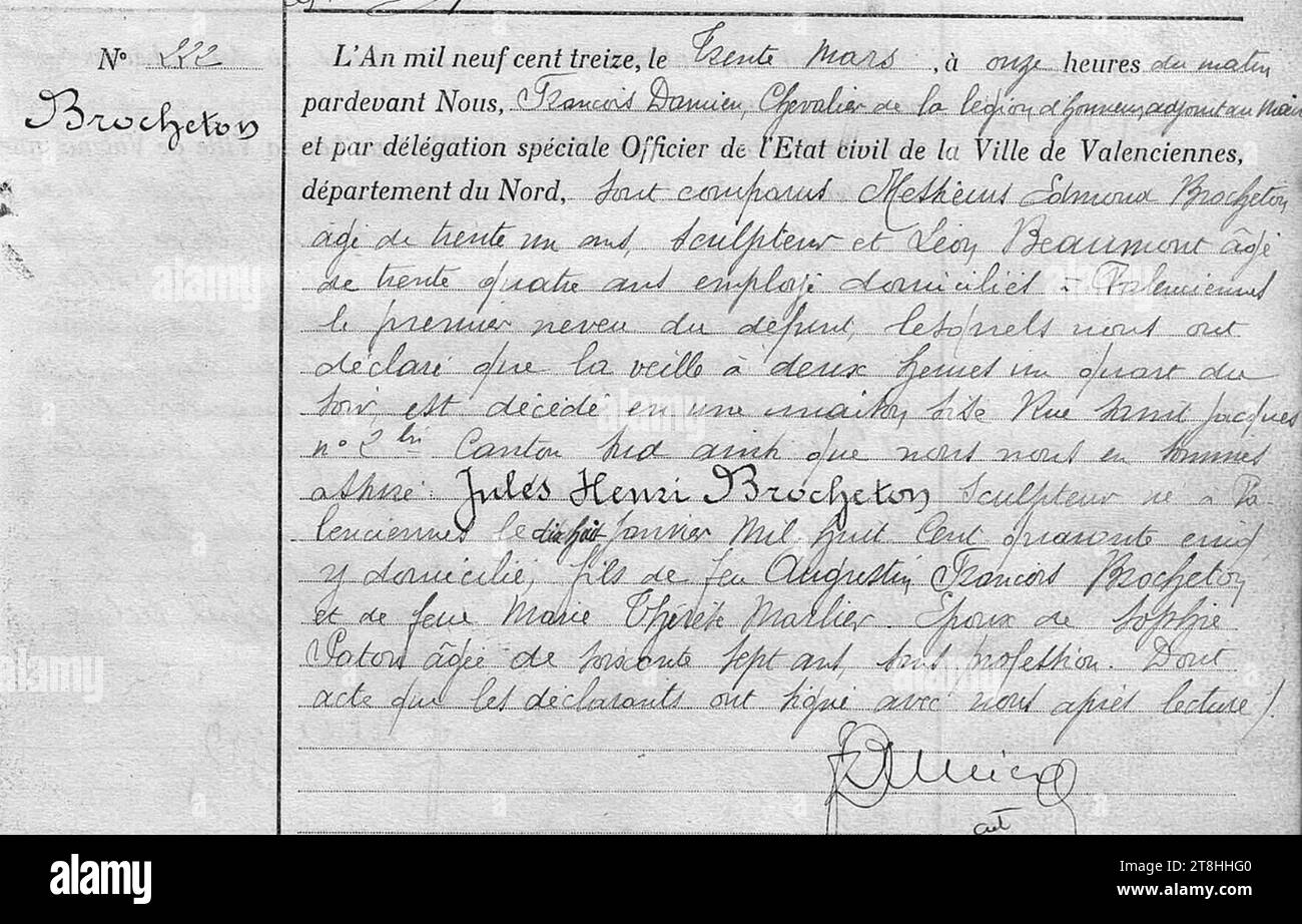 Valenciennes - Acte de décès de Jules Henri Brocheton, daté du 30 mars 1913, mort la veille, signé par l'adjoint au maire Francois Damien. Foto Stock