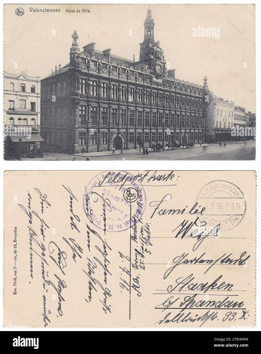 VALENCIENNES Hôtel de Ville, courrier d'un soldat allemand durant la 1ère Guerre Mondiale 1916 Feldpost karte. Foto Stock