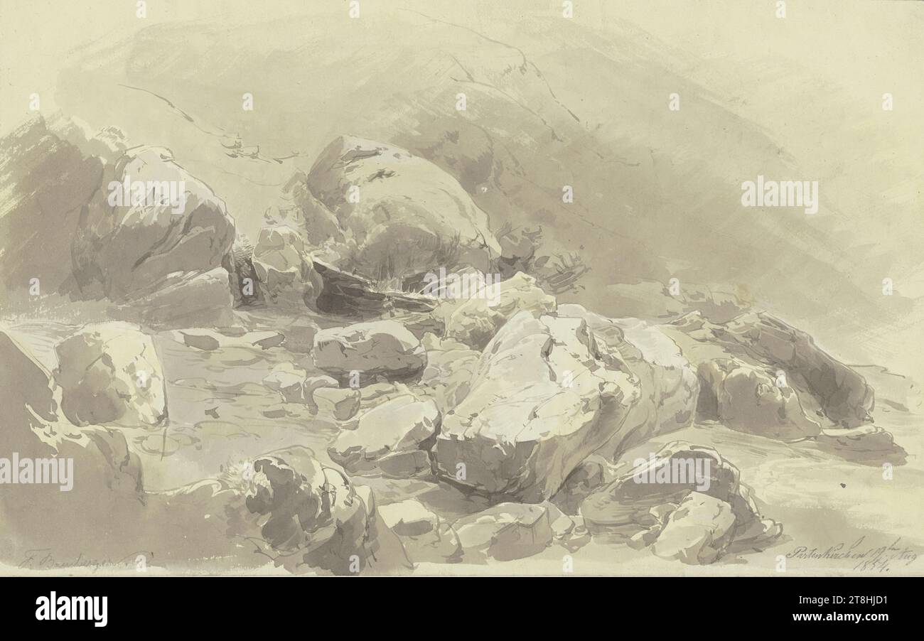 FRITZ BAMBERGER, ghiaia rocciosa in alta montagna vicino a Partenkirchen, 19 agosto 1854, foglio, 200 x 322 mm, pennello marrone e grigio-marrone su carta, ghiaia rocciosa in alta montagna vicino a Partenkirchen, FRITZ BAMBERGER, zona GARMISCH-PARTENKIRCHEN, XIX SECOLO, DISEGNO, pennello marrone e grigio-marrone su carta, INCHIOSTRO?, INCHIOSTRO?, CARTA, DISEGNO A PENNELLO, TEDESCO, STUDIO DELLA NATURA, STUDIO DEL PAESAGGIO, firmato in basso a sinistra, a matita, F. Bamberger.; datato e inscritto in basso a destra: Partenkirchen 19 agosto / 1854., verso iscritto sul foglio di montaggio al centro, a matita, Fritz Bamberger, sul foglio di montaggio Foto Stock