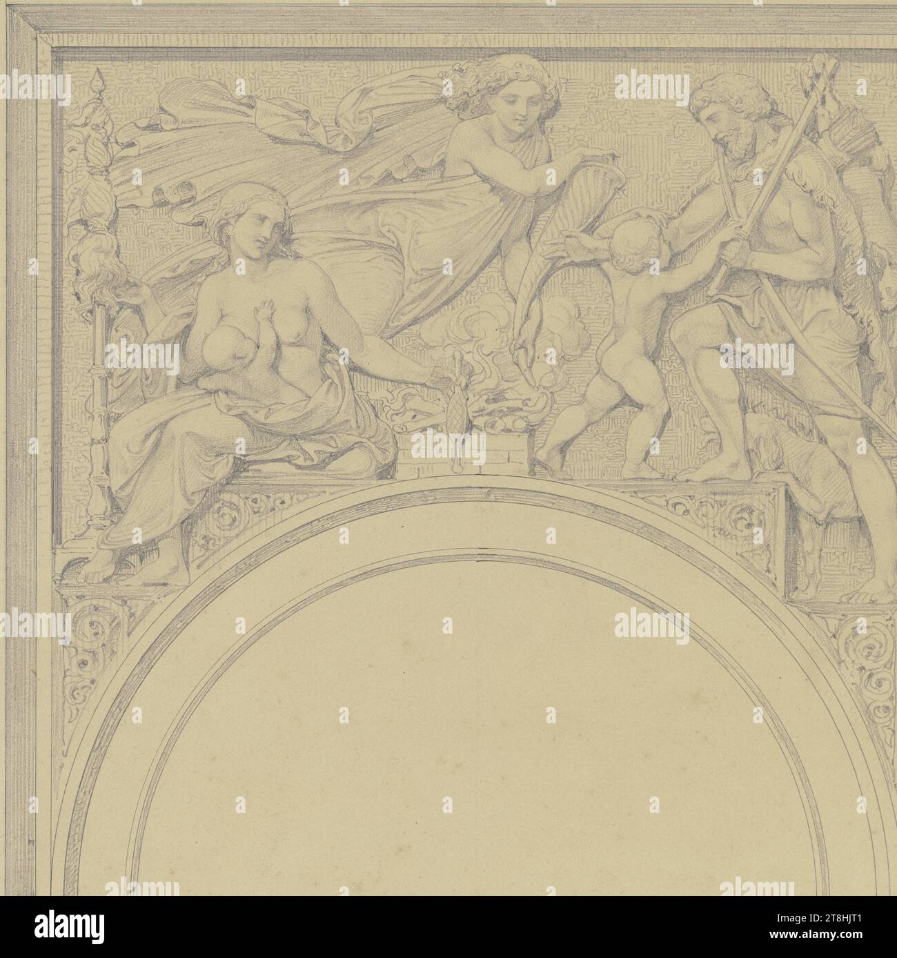 JOHANN BAPTIST SCHOLL D. J., l'autunno, foglia, 200 x 200 mm, matita su carta pergamena beige, l'autunno, JOHANN BAPTIST SCHOLL D. J., XIX SECOLO, DISEGNO, matita su carta PERGAMENA beige, MISCELA GRAFITE-ARGILLA, CARTA VELIN, DISEGNO A MATITA, TEDESCO, DISEGNO ILLUSTRATO, DISEGNO ESEGUITO, DISEGNO PER L'ARREDAMENTO Di Una STANZA, DISEGNO PER Un'OPERA SCULTOREA, DISEGNO DI PRESENTAZIONE, firmato sotto l'immagine a sinistra, a matita, J B Scholl; inciso sopra l'immagine in mezzo: AUTUNNO. Foto Stock