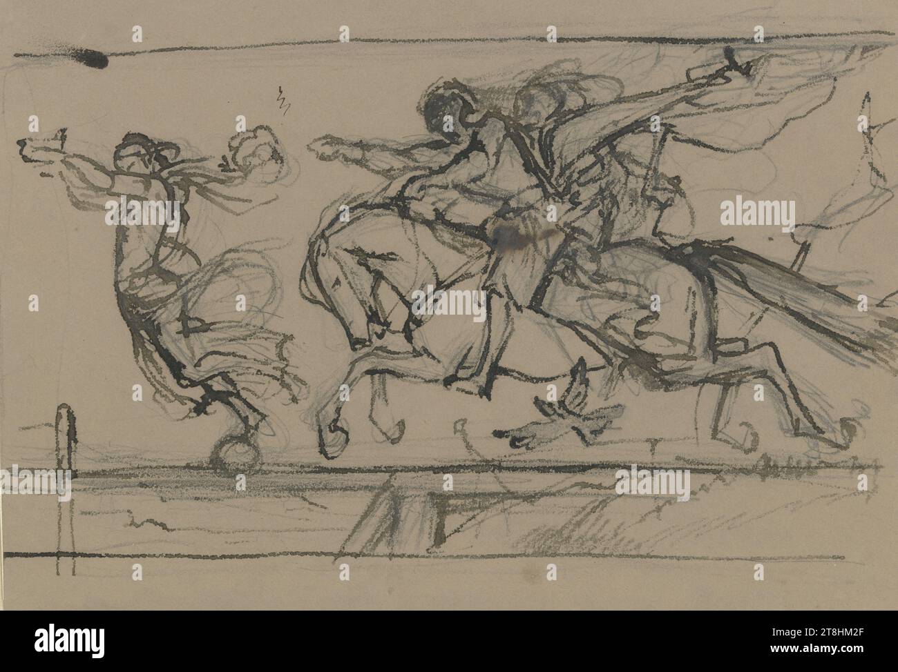 RUDOLF FRIEDRICH AUGUST HENNEBERG, la caccia alla felicità, ca. 1860 - 1868, foglio, 191 x 265 mm, pennello nero su matita su carta grigio-marrone, la caccia alla felicità, RUDOLF FRIEDRICH AUGUST HENNEBERG, due cavalli al galoppo con un cavaliere, tre teste di profilo, una testa in faccia, caricatura, XIX SECOLO, DISEGNO, pennello nero su matita su carta grigio-marrone, INCHIOSTRO?, INCHIOSTRO?, MISCELA GRAFITE-ARGILLA, CARTA, DISEGNO A PENNELLO, DISEGNO A MATITA, TEDESCO, STUDIO DELLE FIGURE, STUDIO DEGLI ANIMALI, STUDIO DEL MOVIMENTO, PROGETTAZIONE DI UN DIPINTO Foto Stock
