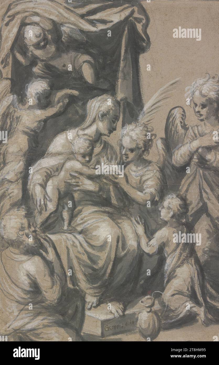 GEORG KOPP il Vecchio, la Sacra famiglia con il ragazzo St. Giovanni sotto un baldacchino, circondato da quattro angeli, un angelo riceve una corona dal bambino di Cristo per il ragazzo inginocchiato, 1618, foglio, 452 x 294 mm, pennello in grigio, accresciuto di bianco, su carta giallastra, la Sacra famiglia con il ragazzo San Giovanni sotto un baldacchino, circondato da quattro angeli, un angelo riceve una corona dal bambino di Cristo per il ragazzo inginocchiato, GEORG KOPP il Vecchio, XVII SECOLO, BAROCCO DEL NORD EUROPA MANIERISM, DISEGNO, pennello in grigio, accentuato di bianco, su carta giallastra, INCHIOSTRO?, INCHIOSTRO?, BIANCO OPACO, CARTA, DISEGNO A PENNELLO, BIANCO Foto Stock