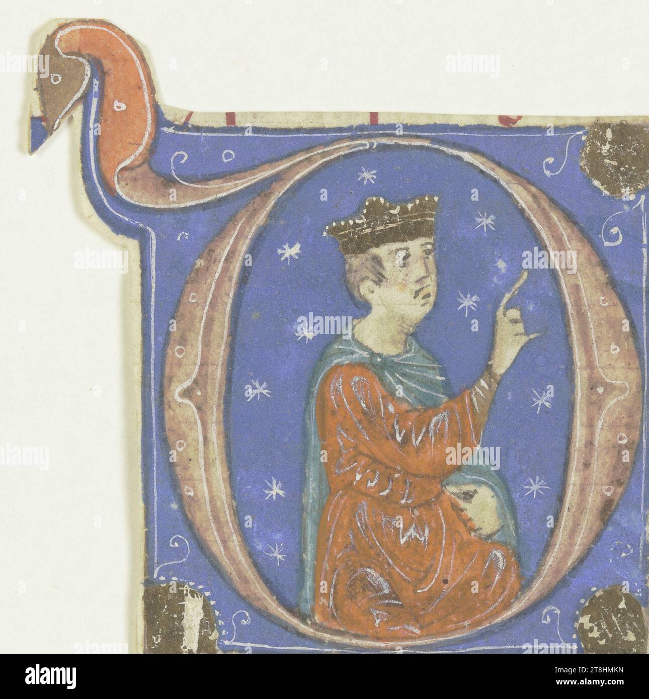 BOLOGNESE, XIV SECOLO, iniziale o: In esso un uomo coronato in un gesto di discorso, verso frammento di testo, circa 1300, frammento di un manoscritto, foglio, max 49 x max 48 mm, pennello in blu, turchese, rosso e marrone, con foglia d'oro e accresciuta in bianco, su pergamena, iniziale o: In esso un coronato in gesto di parola, verso frammento di testo, frammento di un manoscritto, bolognese, TRECENTESCO, TRECENTESCO, GOTICO, DISEGNO, pennello in blu, turchese, rosso e marrone, con foglia oro e accresciuta in bianco, su pergamena, COLORE OPERAZIONE, FOGLIA ORO, PERGAMENA, DISEGNO A PENNELLO, AUMENTO DELL'ORO, BIANCO Foto Stock