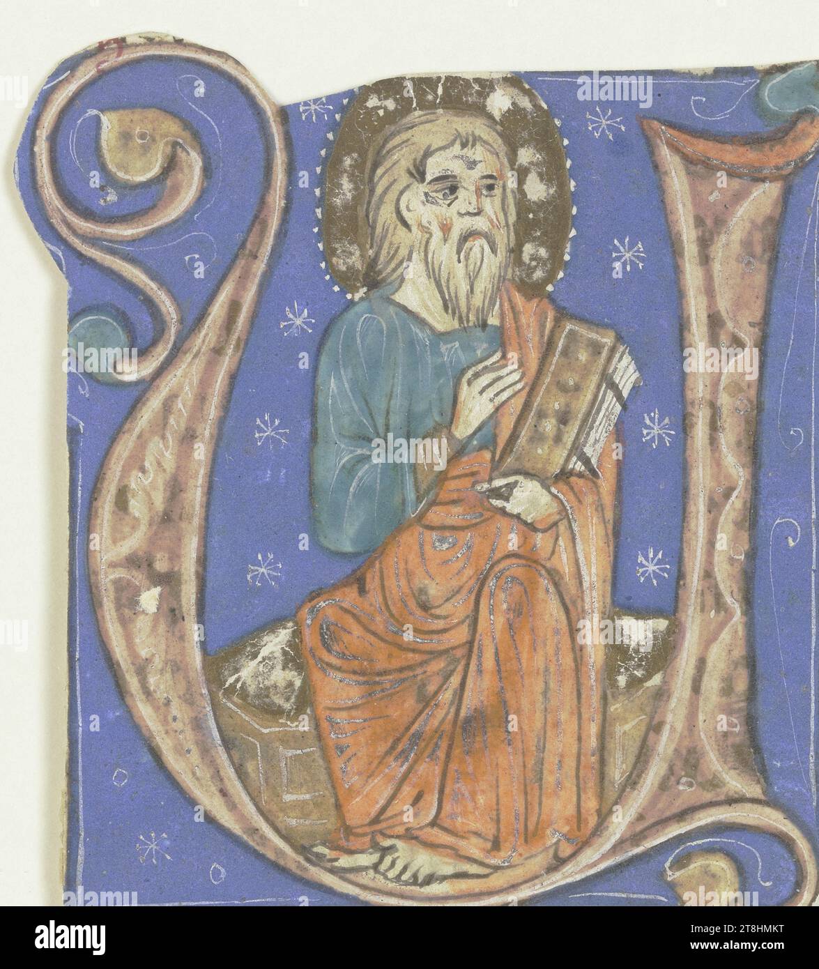 BOLOGNESE, XIV SECOLO, iniziale U: Dentro un uomo BARBATO con il codice, verso frammento di testo, ca. 1300, frammento di un manoscritto, foglio, max 47 x max 43 mm, pennello in blu, turchese, rosso e marrone, accresciuto con foglia d'oro e bianco, su pergamena, iniziale U: All'interno di un uomo barbato con codice, frammento di testo verso, frammento di un manoscritto, bolognese, TRECENTESCO, TRECENTESCO, GOTICO, DISEGNO, pennello in blu, turchese, rosso e marrone, accresciuto con foglia oro e bianco, su pergamena, COLORE OPERAZIONE, FOGLIA ORO, PERGAMENA, DISEGNO A PENNELLO, AUMENTO ORO, AUMENTO BIANCO Foto Stock