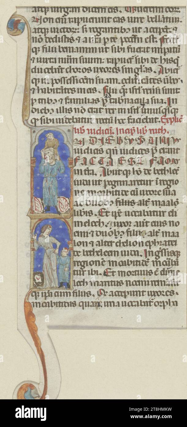 BOLOGNESE, XIV SECOLO, iniziale i: Sopra San Cristoforo, portando il bambino Gesù sulle sue spalle, sotto una donna che tiene un bambino per mano, verso frammento di testo, circa 1300, frammento di un manoscritto, foglio, max 182 x max 80 mm, pennello blu, turchese, rosso, marrone e grigio, accresciuta con foglia d'oro e bianca, su pergamena, iniziale i: sopra, San Cristoforo, portando il bambino Gesù sulle spalle, sotto una donna, tenendo un bambino in mano, verso frammento di testo, frammento di un manoscritto, bolognese, XIV secolo, XIV SECOLO, GOTICO, DISEGNO, pennello in blu, turchese Foto Stock