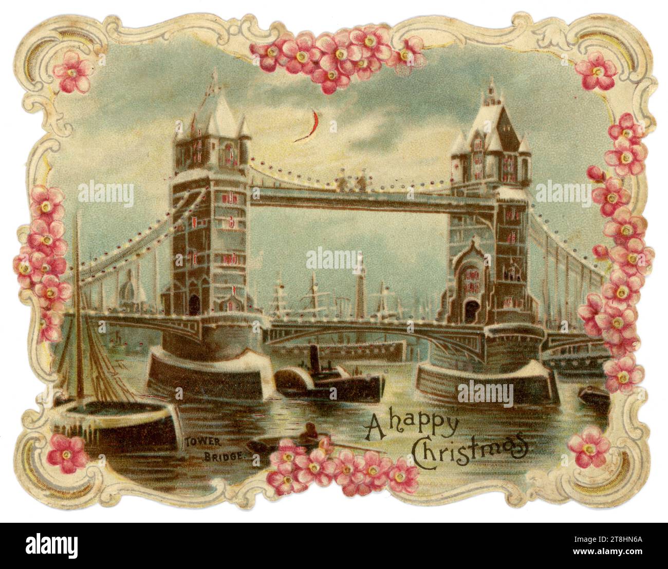 Originale e bellissimo biglietto di auguri vittoriano di Natale Vittoriano "Hold to Light" del Tower Bridge, Londra. caldaia a vapore sottostante. Saluto è augurare un felice Natale a Londra, Inghilterra, Regno Unito circa anni '1880 '1890 Foto Stock