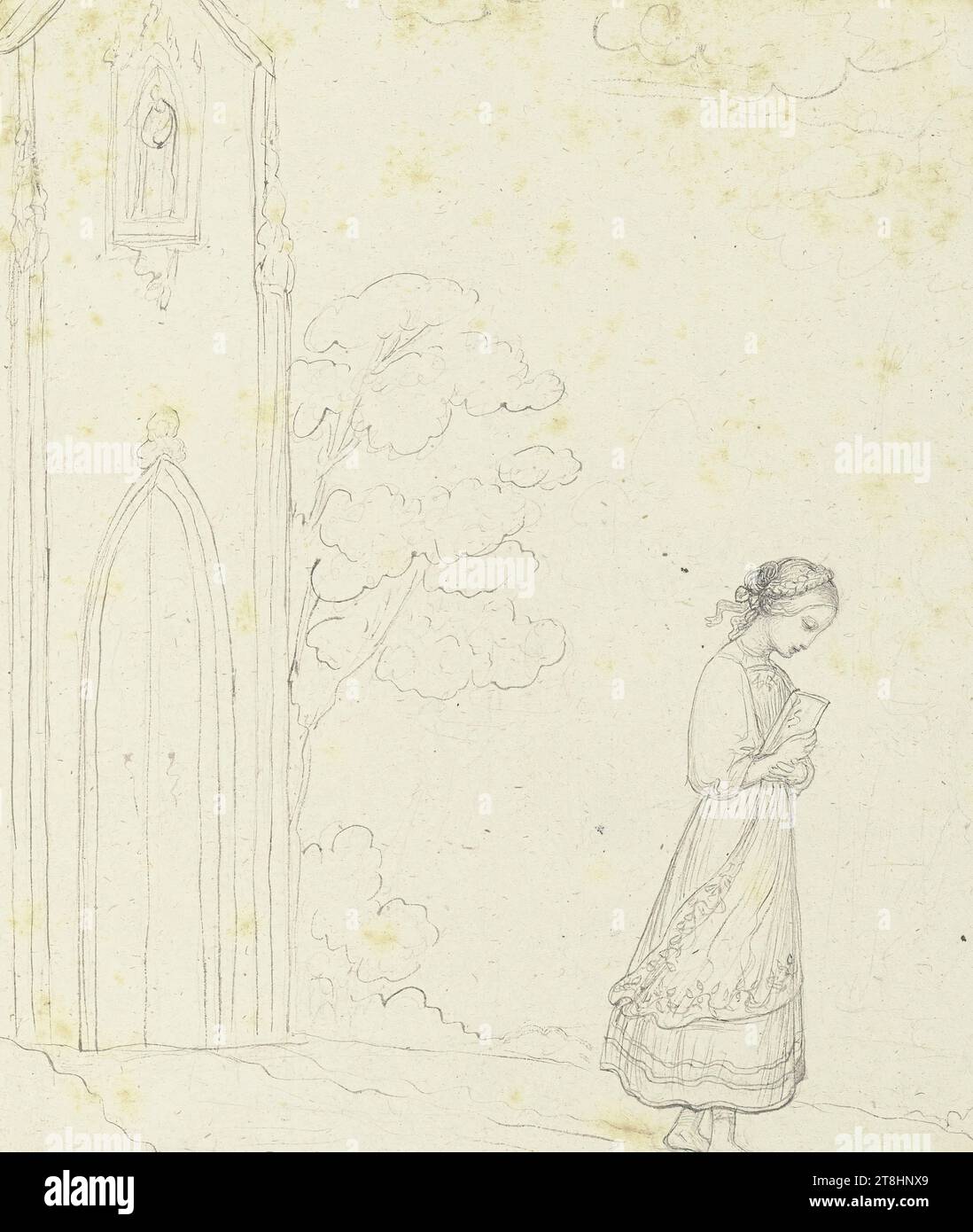 MARIE ELLENRIEDER, ragazza che torna a casa dalla chiesa, foglio, 118 x 97 mm, penna in grigio scuro su matita su carta, ragazza che torna a casa dalla chiesa, MARIE ELLENRIEDER, pagina, album adesivo di Marie Auguste Emilie Freiin von Günderrode, pagina 20, numero di parte / totale, 1 / 7, XIX SECOLO, DISEGNO, penna in grigio scuro su matita su carta, INCHIOSTRO?, INCHIOSTRO?, MISCELA GRAFITE-ARGILLA, CARTA, DISEGNO A PENNA, DISEGNO A MATITA, TEDESCO, STUDIO DELLE FIGURE, STUDIO DEI COSTUMI, monogramma in basso a destra, a matita, M. E. Foto Stock