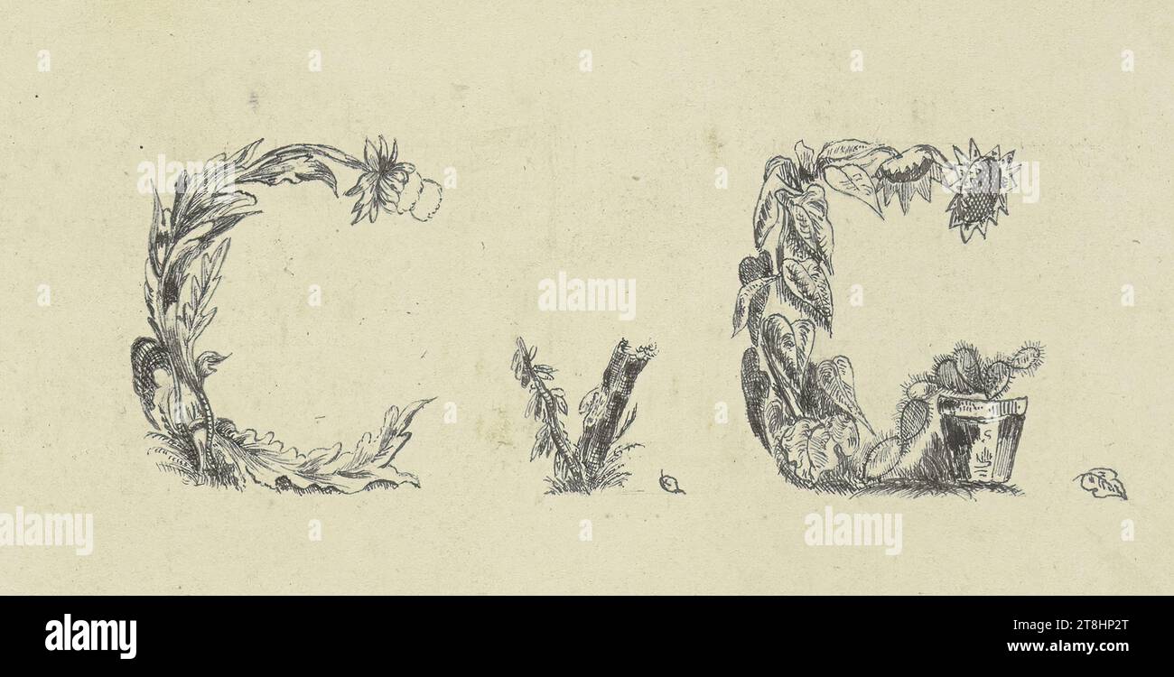 TEDESCO, XIX SECOLO, monogramma C v. G., foglio, 65 x 105 mm, penna nera su carta, monogramma C v. G., tedesco, XIX secolo, pagina, album adesivo di Marie Auguste Emilie Freiin von Günderrode, pagina 74, numero di parte / totale, 1 / 3, XIX SECOLO, DISEGNO, penna in nero su carta, INCHIOSTRO?, INCHIOSTRO?, CARTA, DISEGNO A PENNA, TEDESCO, DISEGNO ILLUSTRATO, DISEGNO AUTONOMO, inciso nell'illustrazione, con la penna in nero, C v. G. Foto Stock