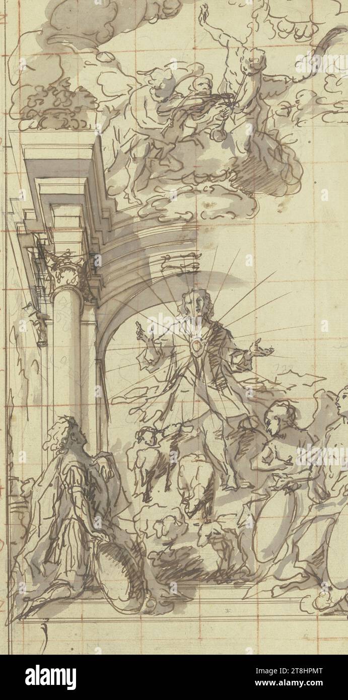 JOHANN GEORG BERGMÜLLER, venerazione del Sacro cuore di Gesù, in connessione con "Pasce oves meas", da parte di un giovane donatore in armatura di cavaliere con uno stemma bianco, foglio, 385 x 251 mm, penna marrone su penna grigia, lavaggio grigio, squadrato con gesso rosso, su carta lastra a coste, venerazione del Sacro cuore di Gesù, in connessione con "Pasce oves meas", da parte di un giovane donatore in armatura di cavaliere con uno stemma bianco, JOHANN GEORG BERGMÜLLER, XVIII SECOLO, BAROCCO, DISEGNO, penna marrone su penna grigia, lavaggio grigio, squadrata con gesso rosso, su carta a coste fatta a mano, INCHIOSTRO?, INCHIOSTRO?, GRAFITE?, GESSO?, CARTA VERGÉ Foto Stock
