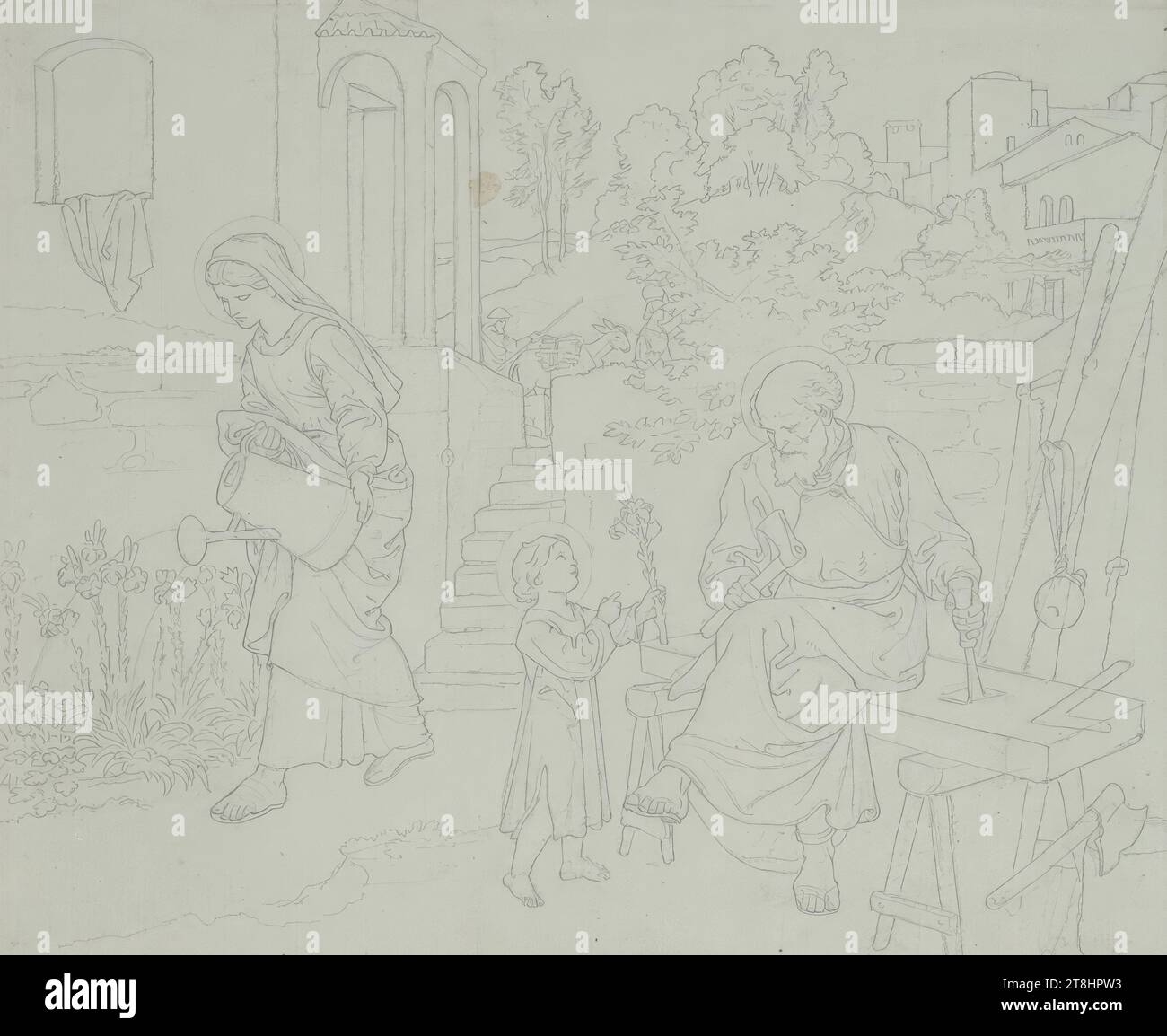 Vita a Nazareth: La Sacra famiglia lavora, Maria annaffiava fiori, Giuseppe fa un buco nella trave davanti al paesaggio sullo sfondo, Josef von Führich, Kratzau 1800 - 1876 Vienna, disegno, matita su carta bluastro, passepartout: 23,5 x 28,5cm, 9 1/4 x 11 1/4in, Austria Foto Stock